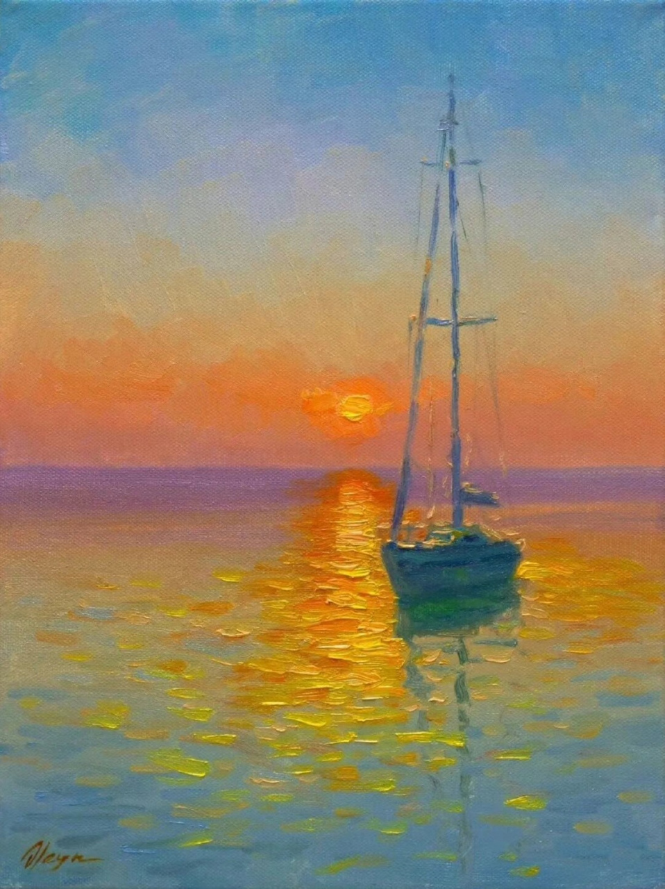 油画/艺术家dmitry oleyn笔下的落日晚霞  油画中的落日晚霞与帆船