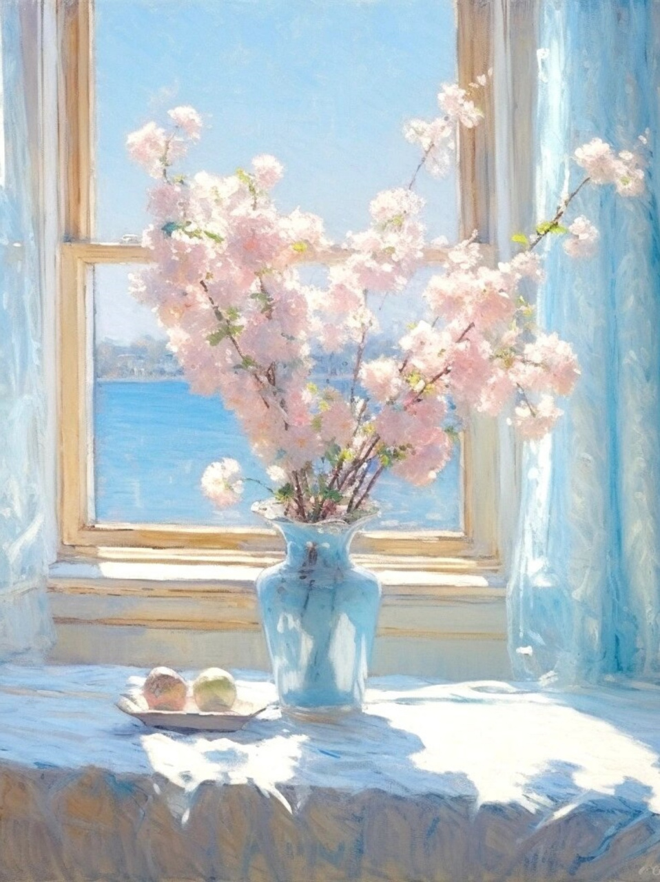 midjourney|油画窗台·淡雅蓝  油画窗台