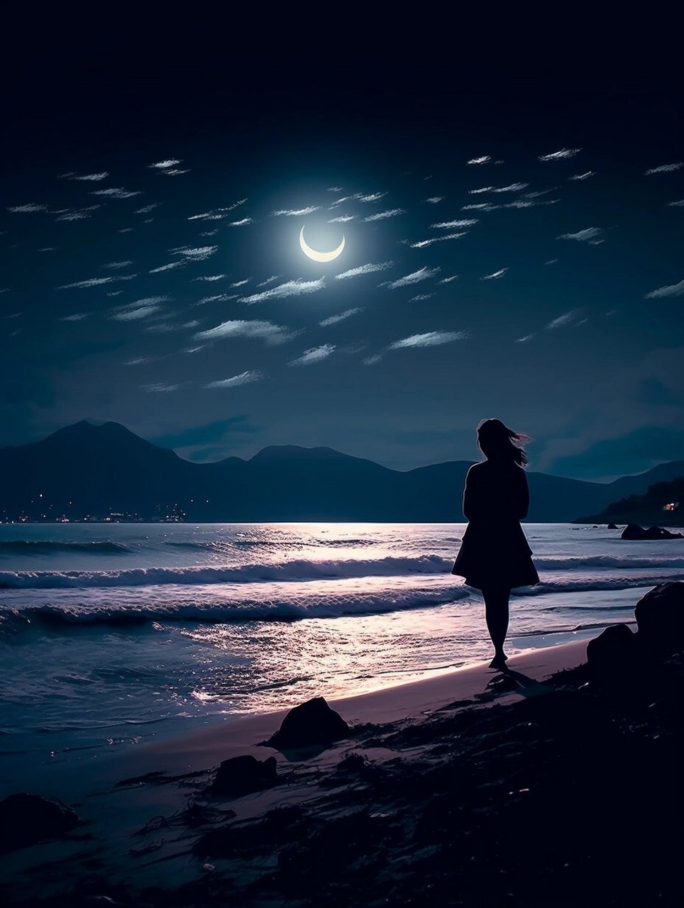 孤独的女人  寂寞女子中秋之际仰望明月  关键词描绘:画面勾勒出一位