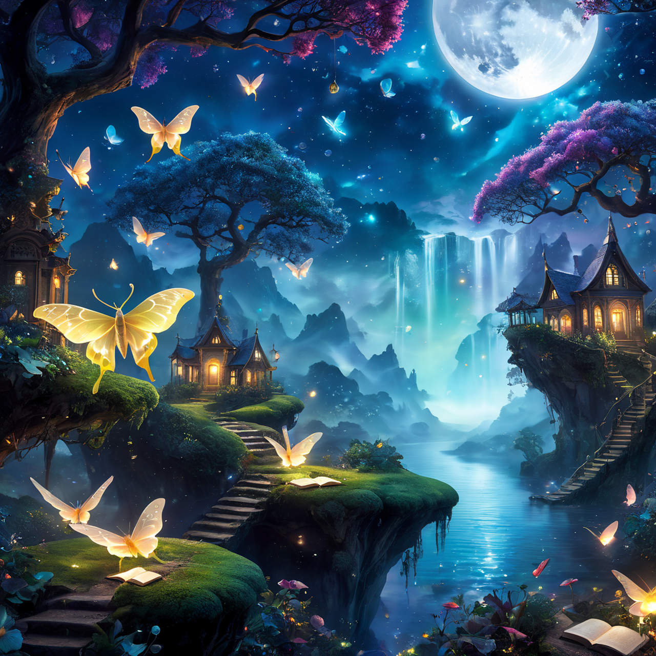 在梦幻森林里,树枝拥抱着微风,彩色蝴蝶翩翩起舞.