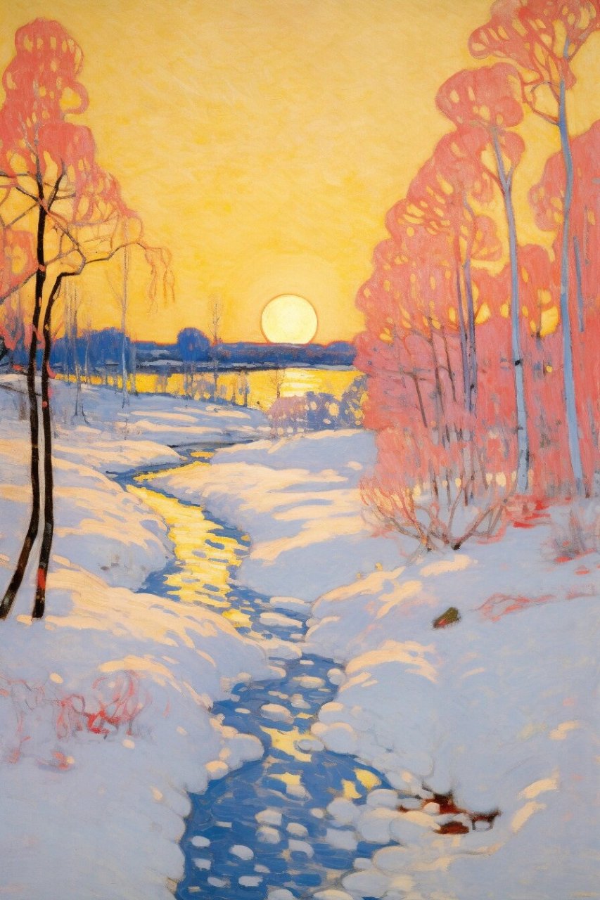 阿米埃特风 油画——金色的归途  夕阳如火,炽热地倾洒着温暖的琥珀色