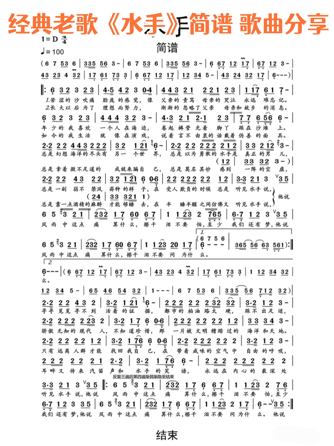 经典老歌《水手》简谱 歌曲分享.@明晨轻音乐的动态