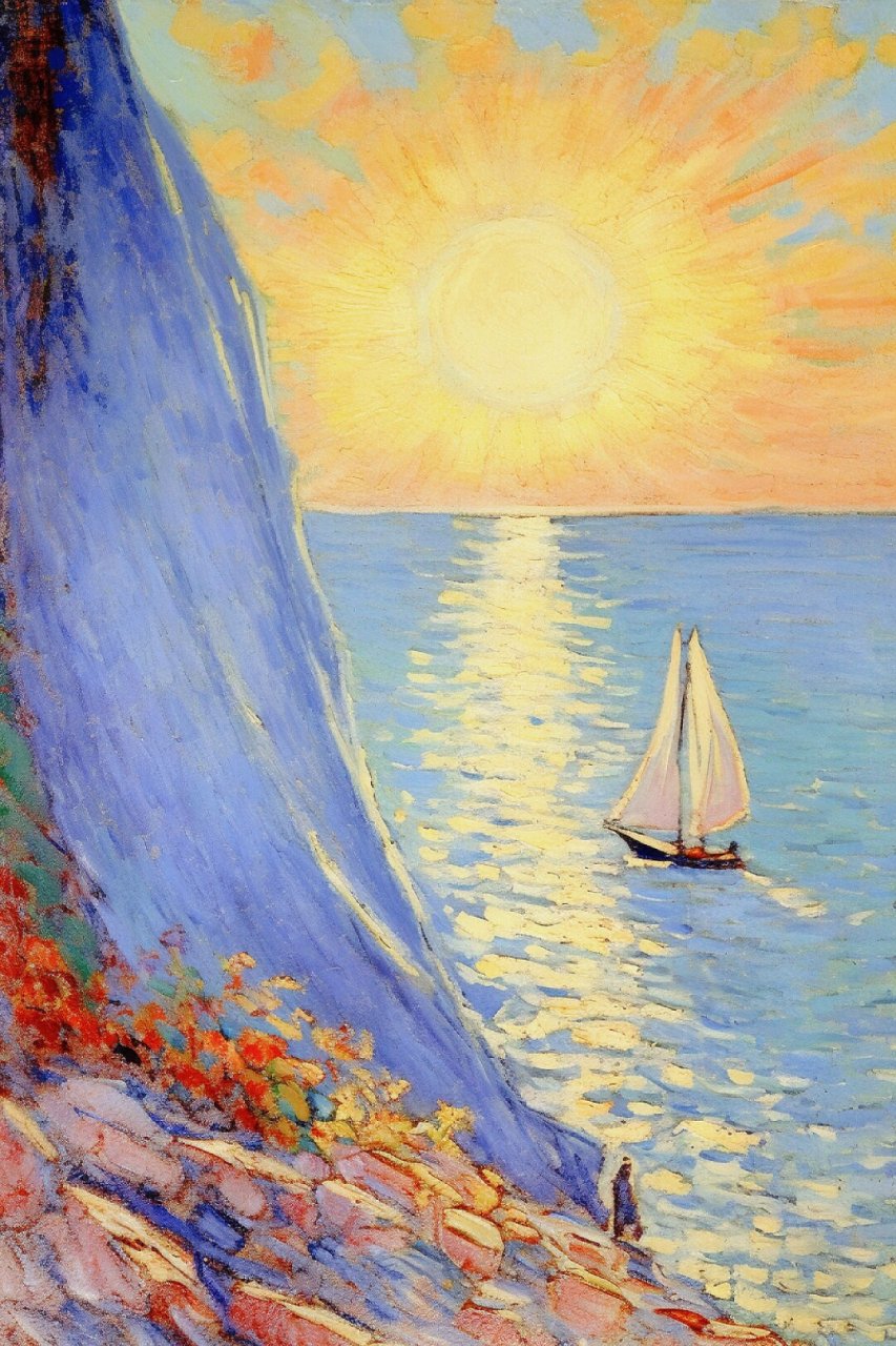 海边日出  艺术家巧妙地运用丰富的色彩层次和光影对比,将旭日从海