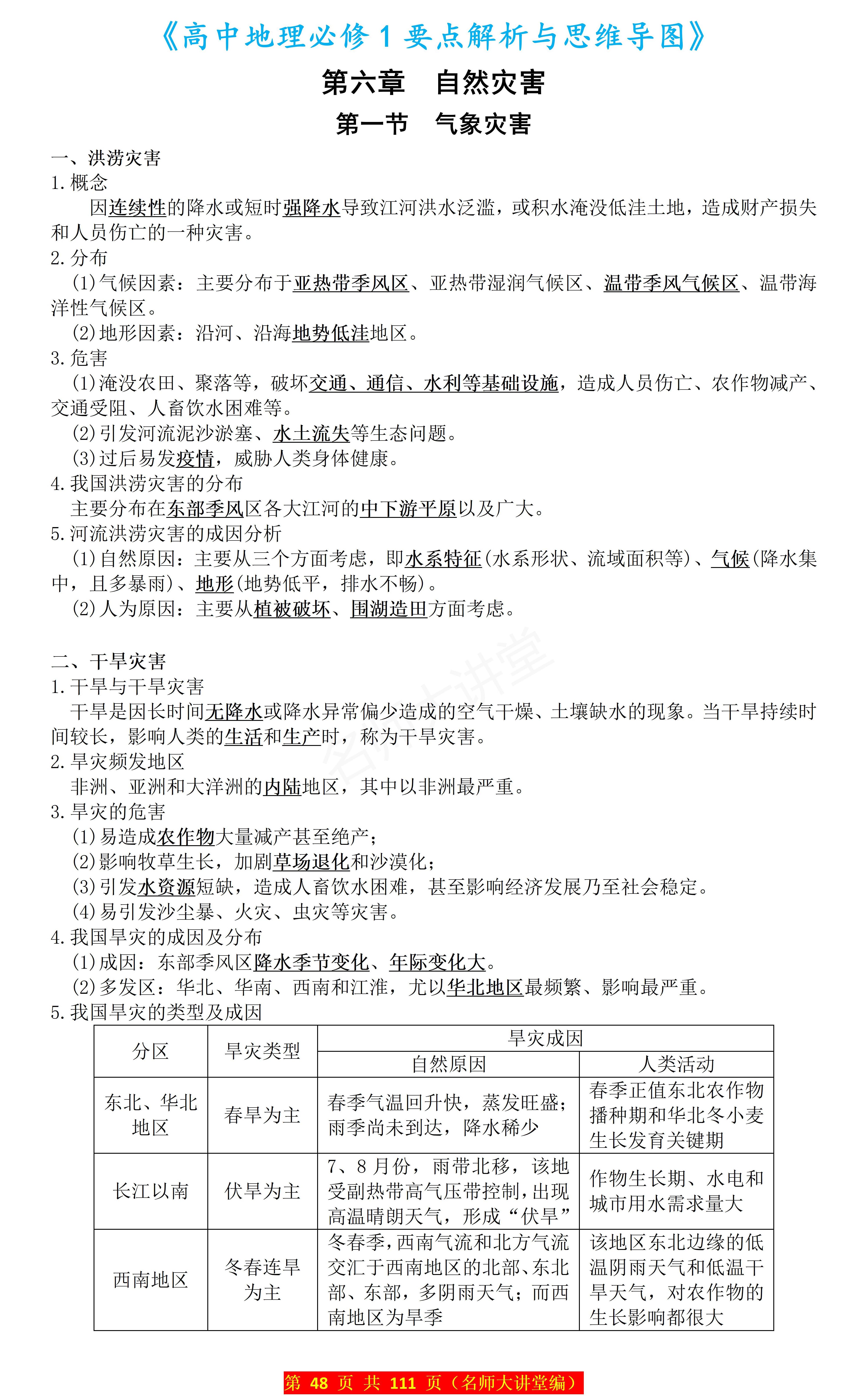 高中地理必修一 自然灾害的知识要点总结和思维导图 包含气象灾害