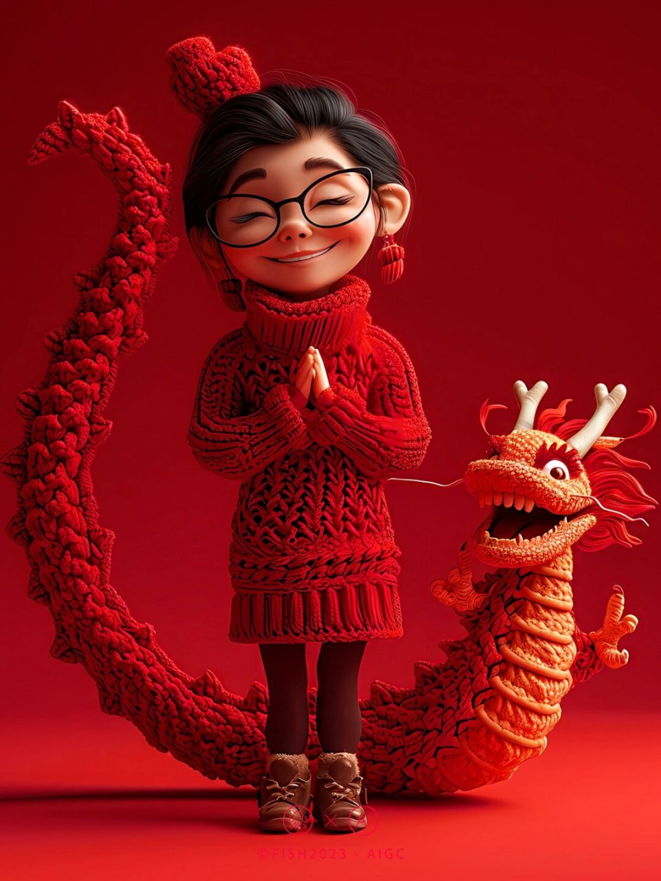 戴眼镜的开心胖女孩和搞笑的毛衣龙拜年啦  一个戴着眼镜的胖乎乎的小