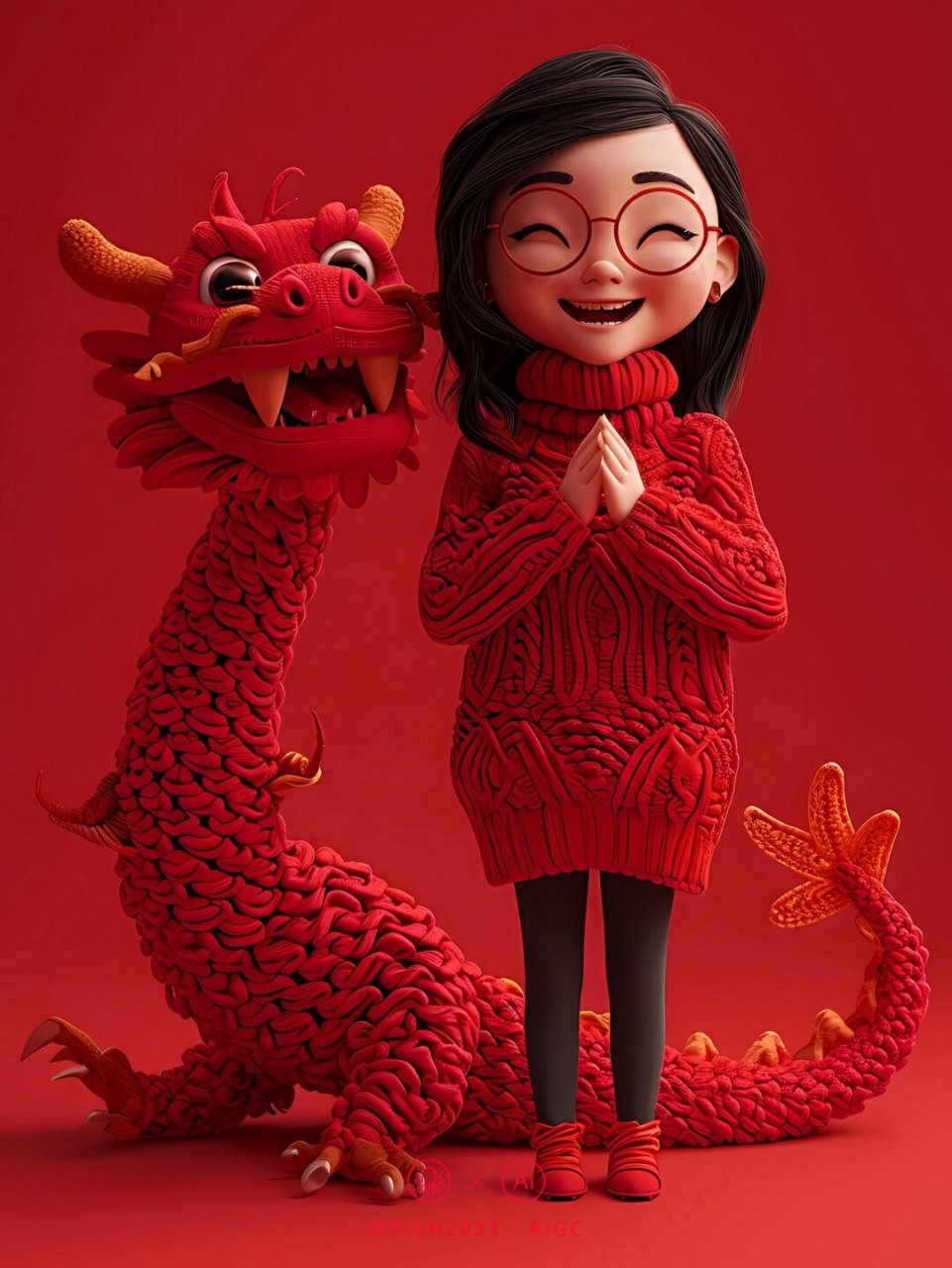 戴眼镜的开心胖女孩和搞笑的毛衣龙拜年啦  一个戴着眼镜的胖乎乎的小