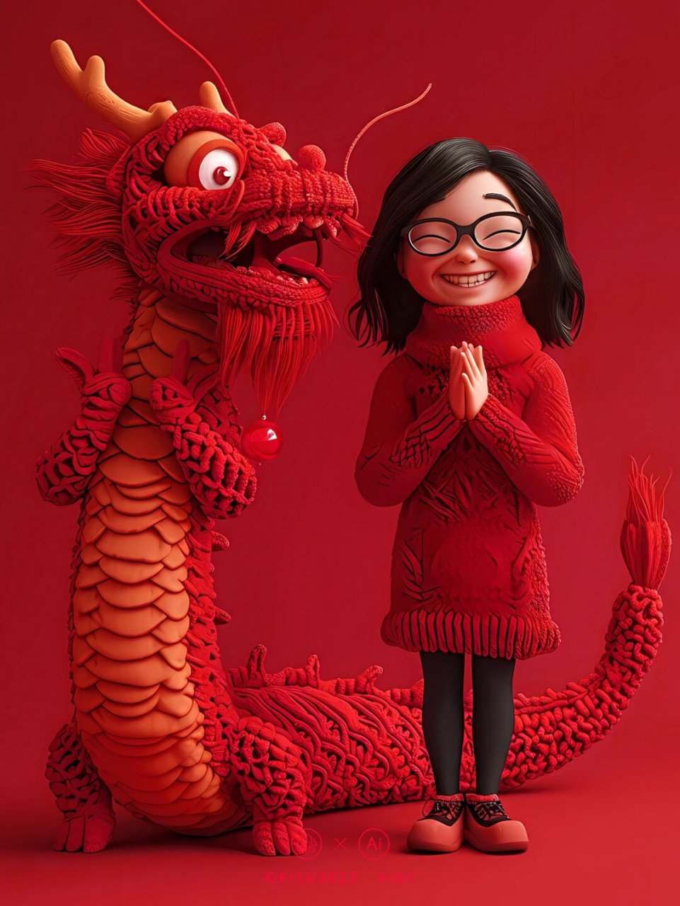 戴眼镜的开心胖女孩和搞笑的毛衣龙拜年啦  一个戴着眼镜的胖乎乎的小