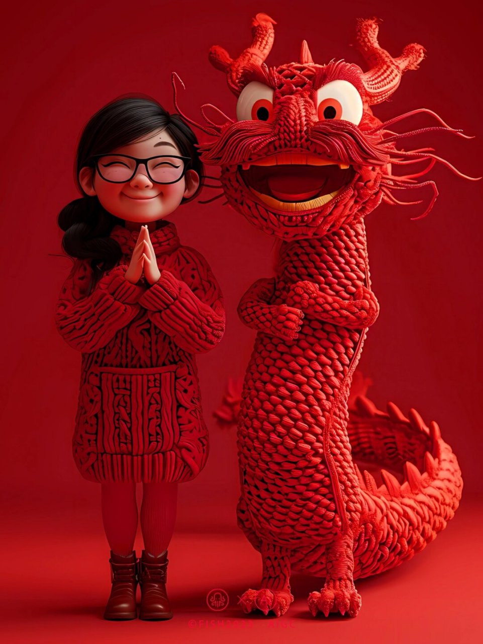 戴眼镜的开心胖女孩和搞笑的毛衣龙拜年啦  一个戴着眼镜的胖乎乎的小