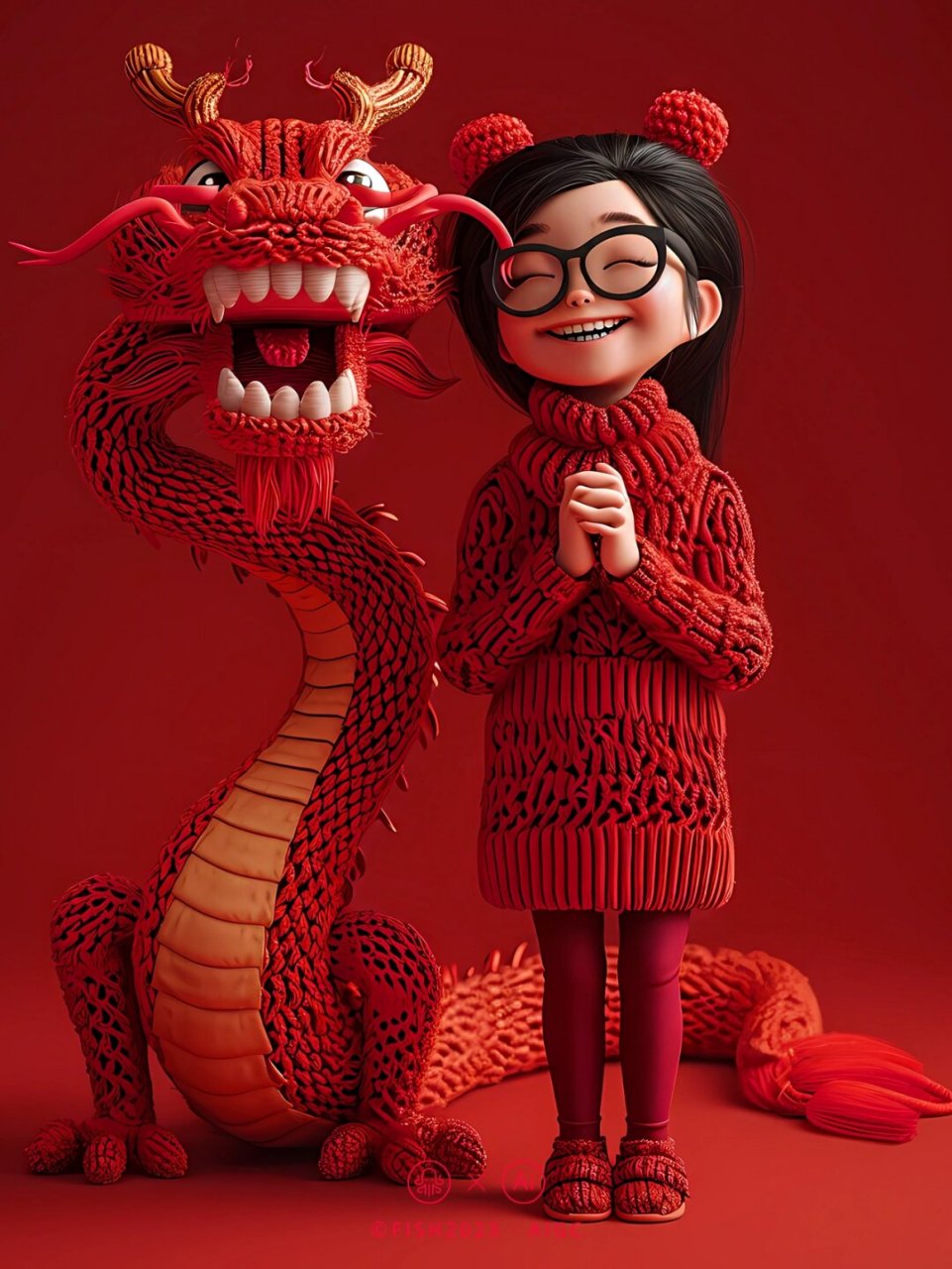 戴眼镜的开心胖女孩和搞笑的毛衣龙拜年啦  一个戴着眼镜的胖乎乎的小