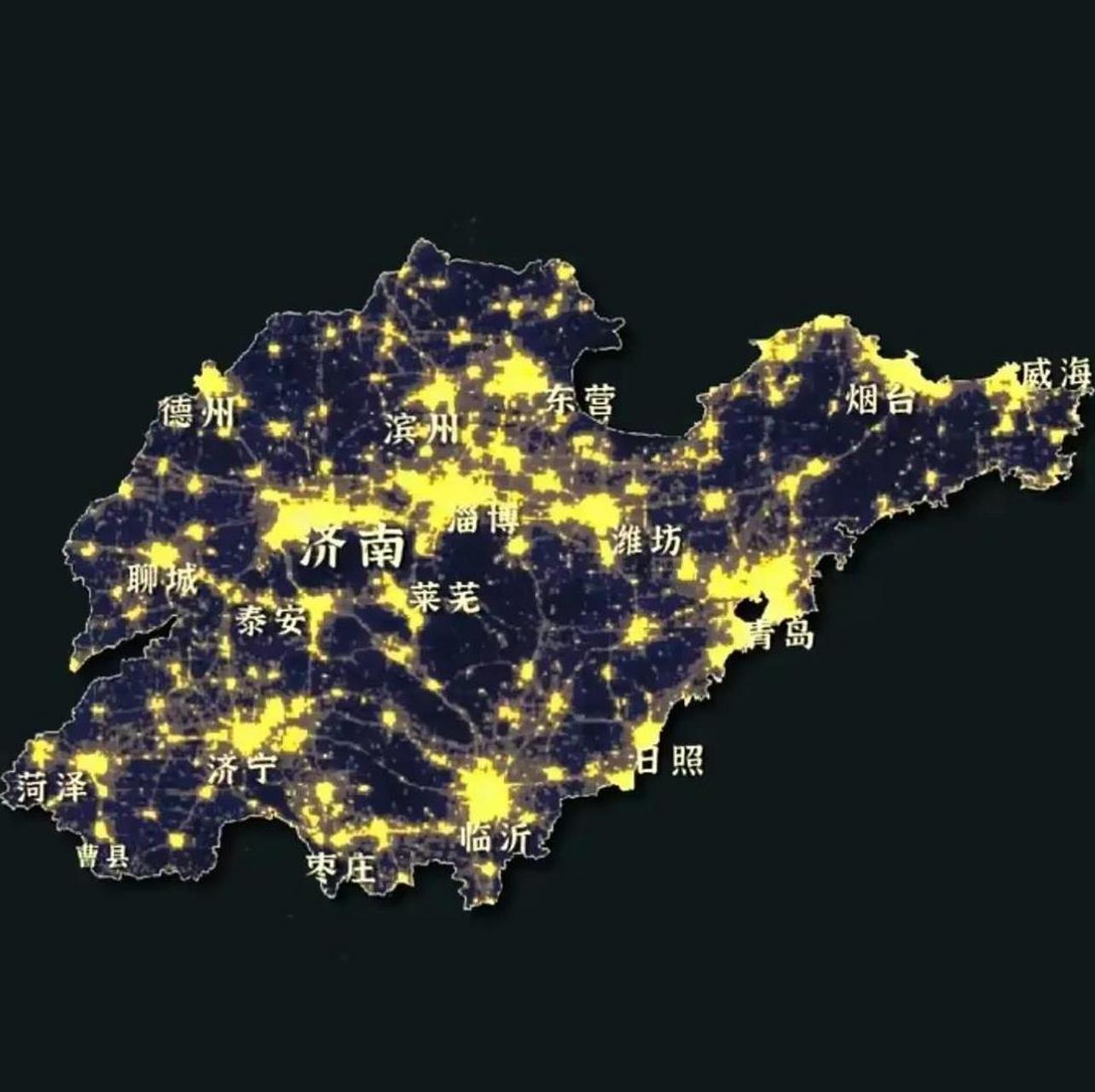 从夜间卫星图看,山东省排名前五的城市:  1,青岛市;  2,济南市;  3