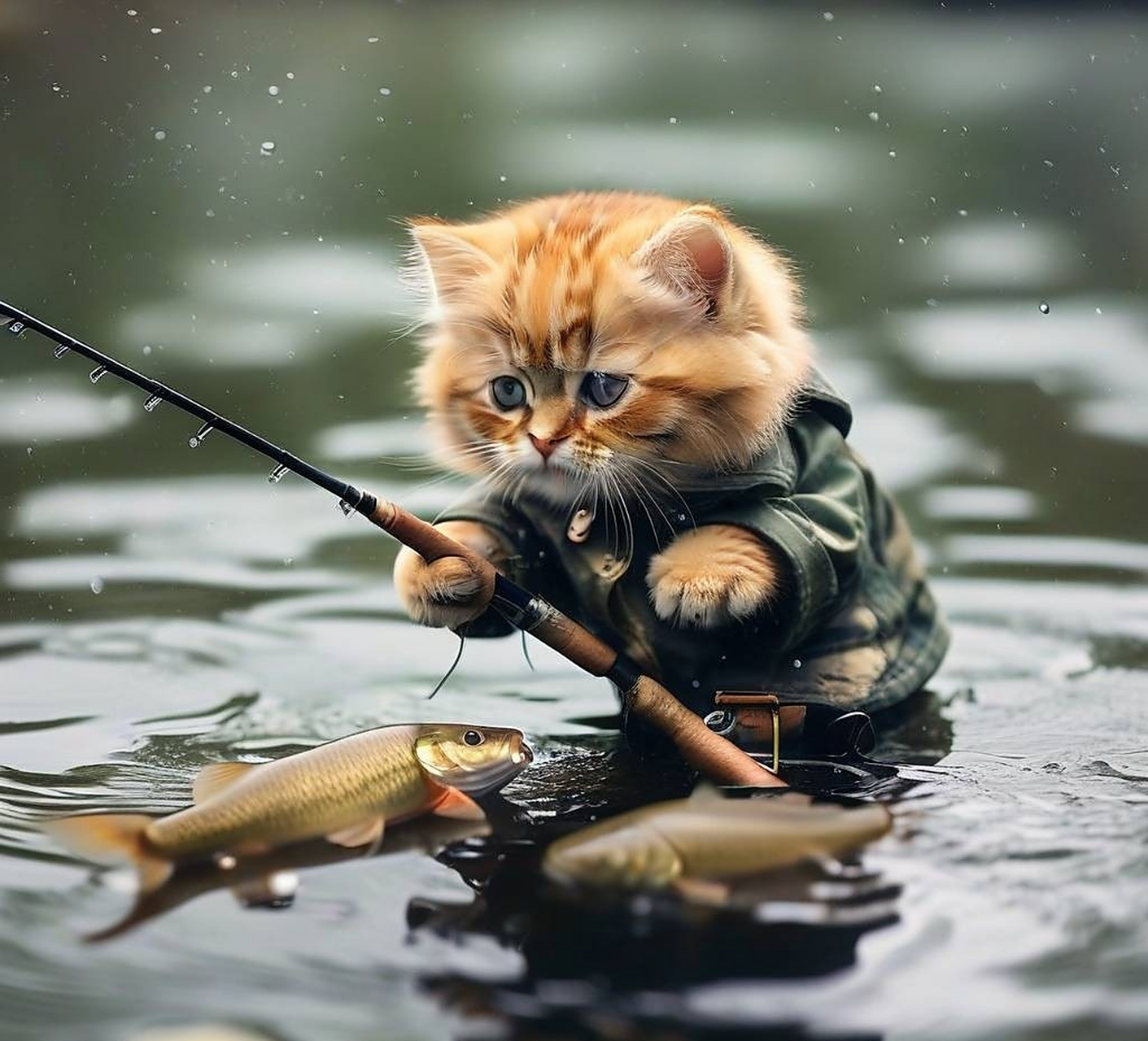 小猫钓鱼,有模有样!新年第一次垂钓,装备倒是齐全,不知收获如何?