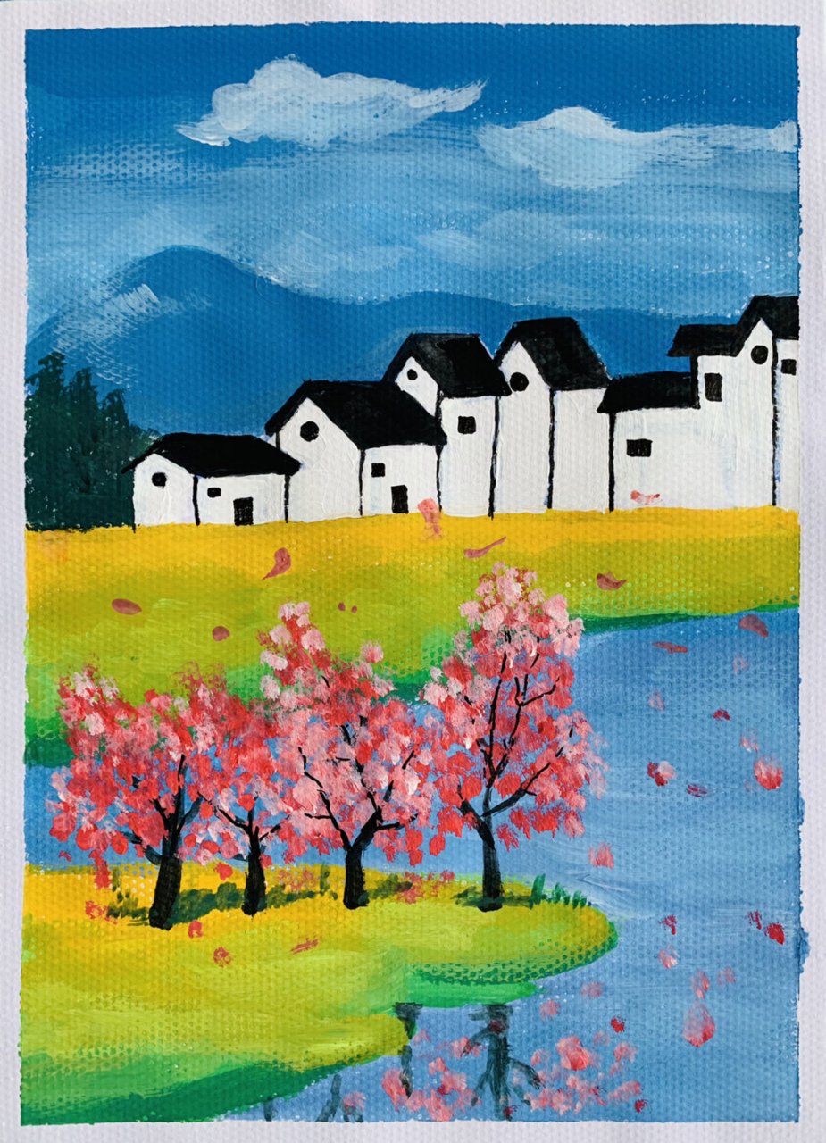 水粉画-江南美景  近景,中景,远景的关系: 近景:通常是主体物所在的