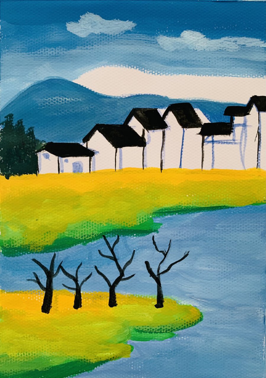 水粉画-江南美景  近景,中景,远景的关系: 近景:通常是主体物所在的