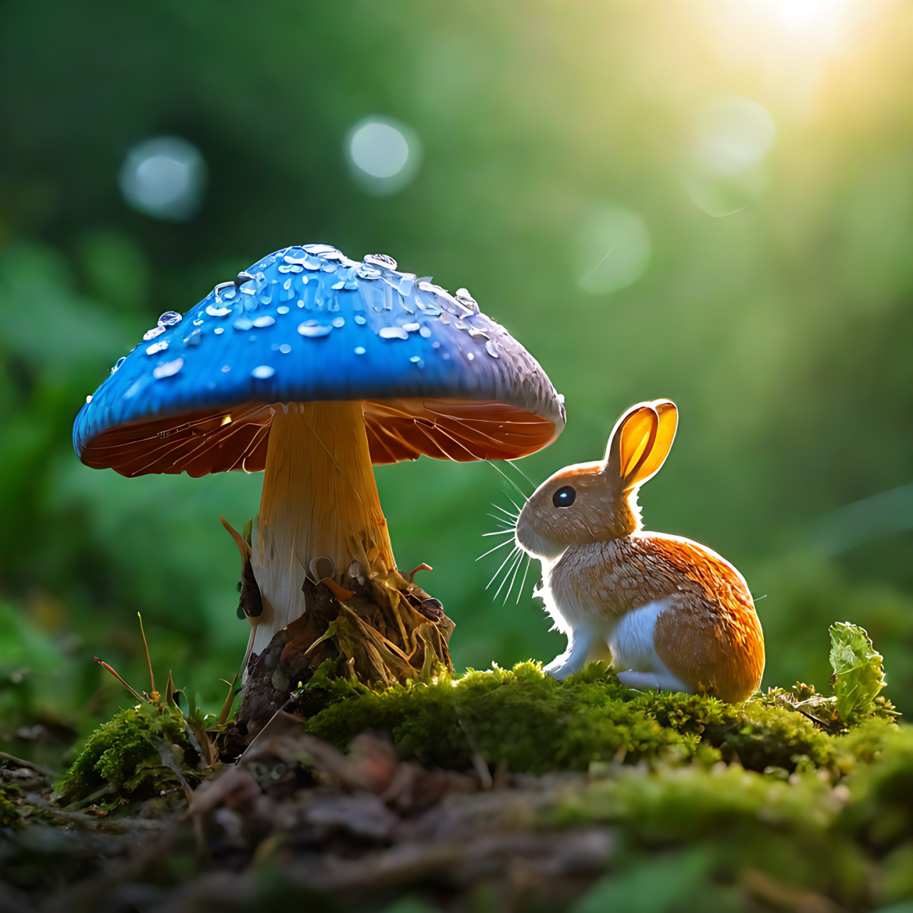 森林里美丽的场景,带着露珠的彩色蘑菇,可爱的小兔,好治愈的画面!