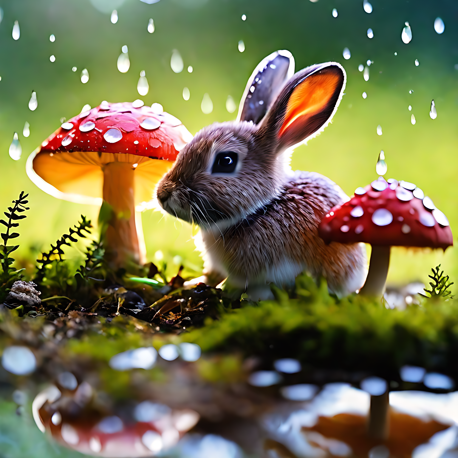 森林里美丽的场景,带着露珠的彩色蘑菇,可爱的小兔,好治愈的画面!