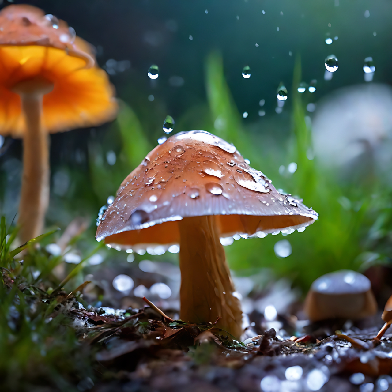 森林里美丽的场景,带着露珠的彩色蘑菇,可爱的小兔,好治愈的画面!