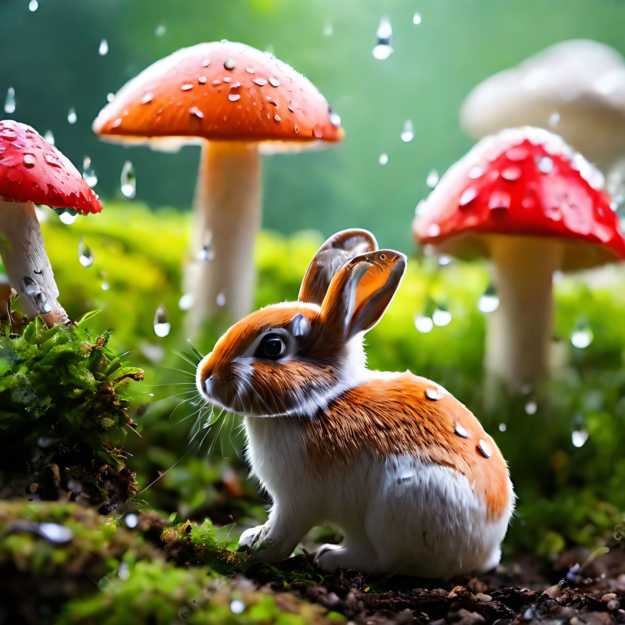 森林里美丽的场景,带着露珠的彩色蘑菇,可爱的小兔,好治愈的画面!