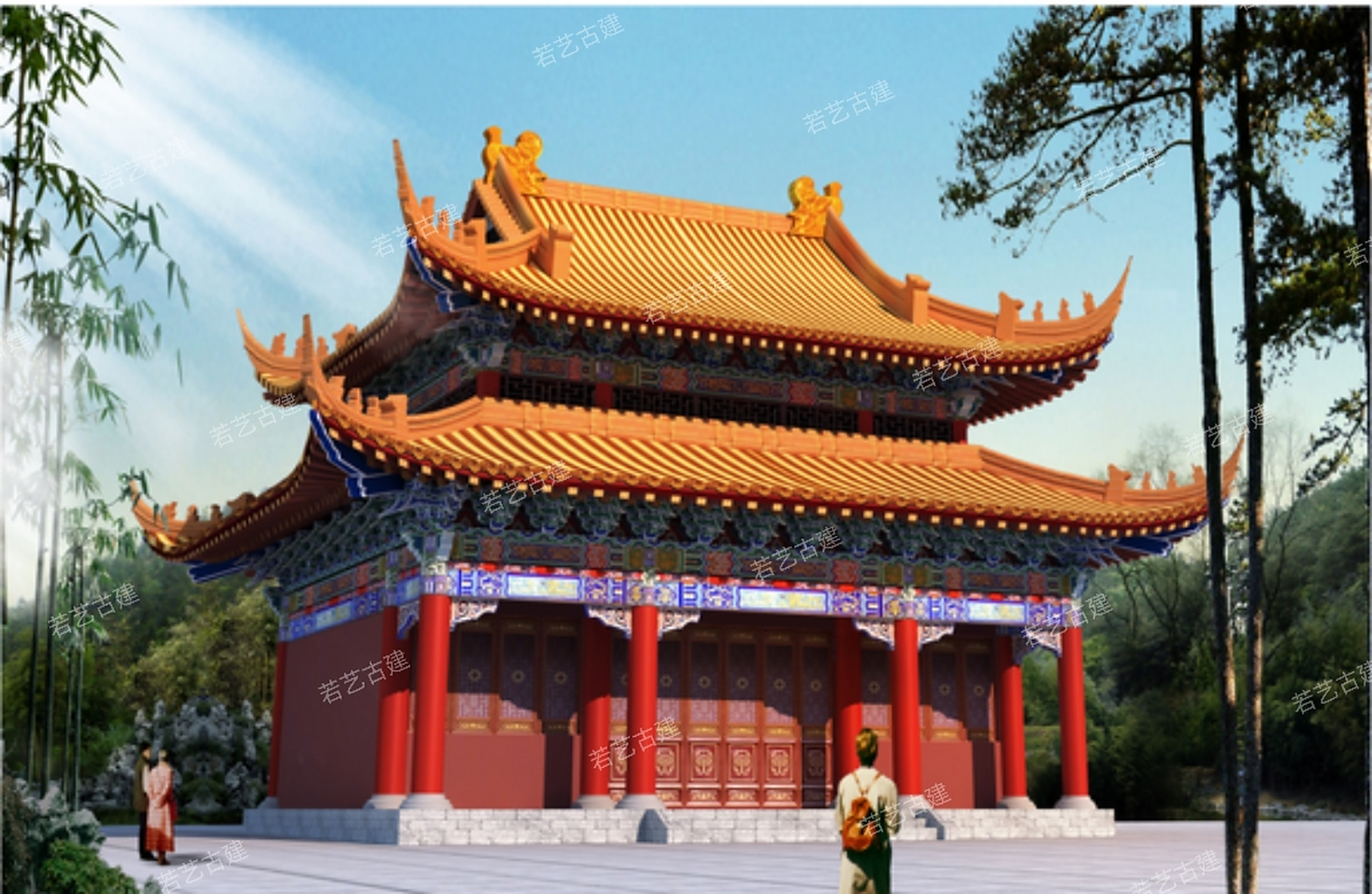 祠堂,小型祠堂,仿古三间庙宇样式中,第一种是横三间,也就是面阔三间