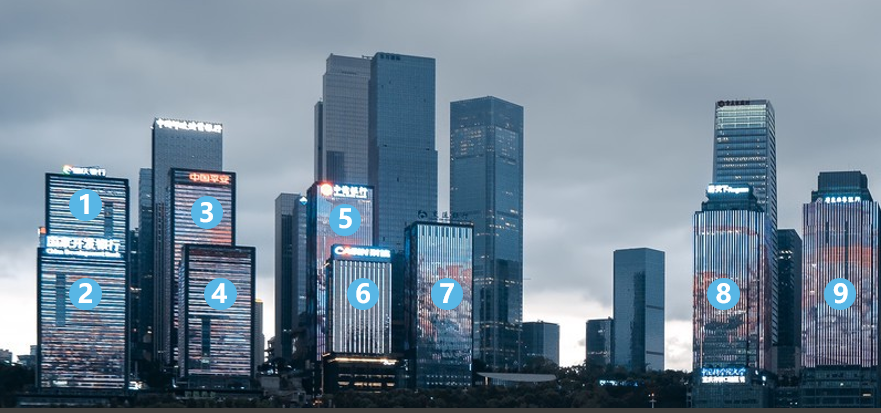 重庆江北嘴十联屏群楼灯光秀位于重庆江北嘴cbd金融中心,辐射重庆两江