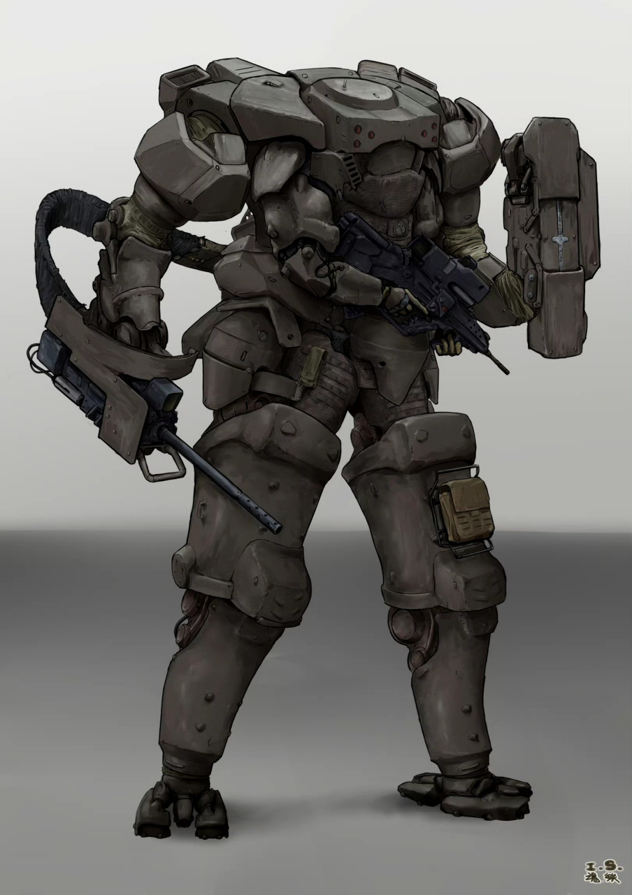 一组机甲设计插画作品,突击重装/heavy assault gear,中型穿戴外骨骼