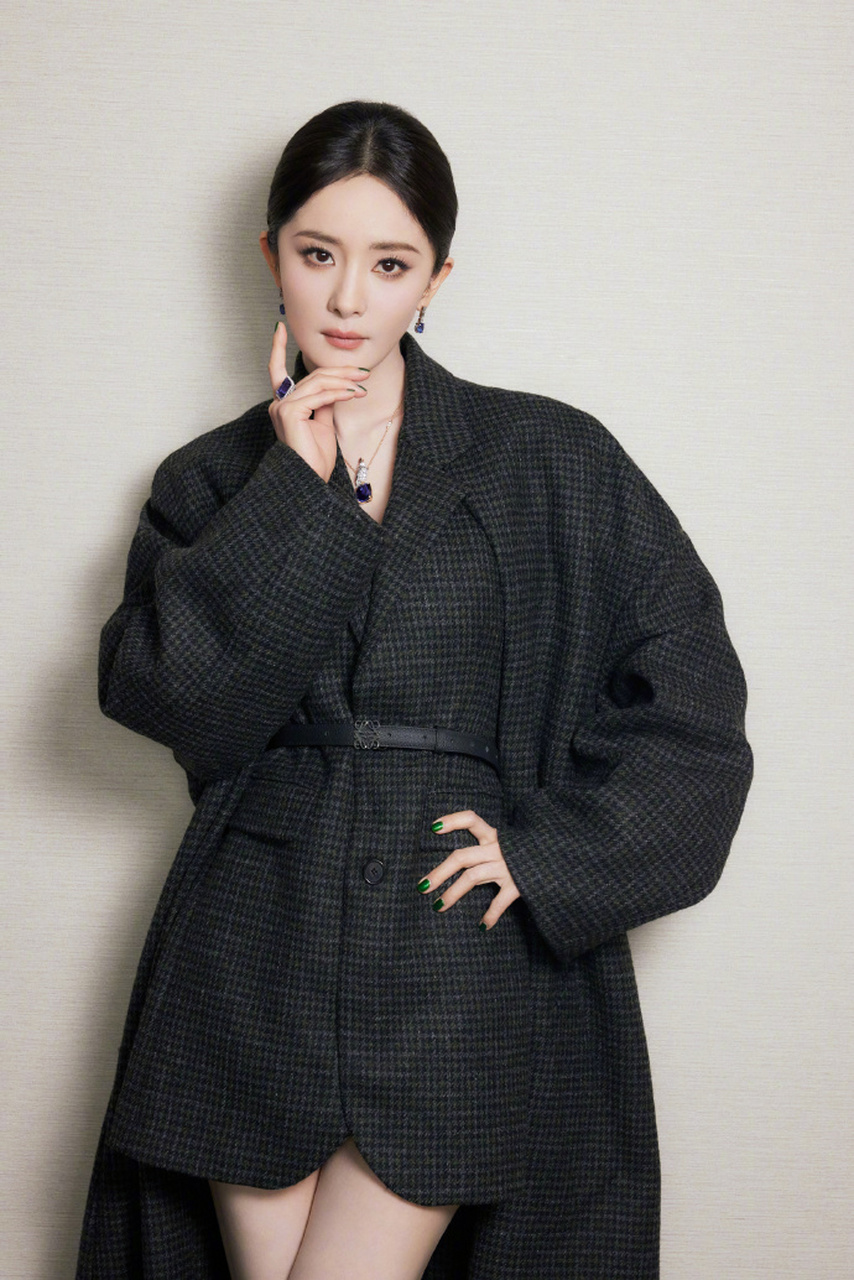 杨幂选择灰色格纹毛呢大衣内搭西服,展现女王范;刘诗诗则以黑色修身