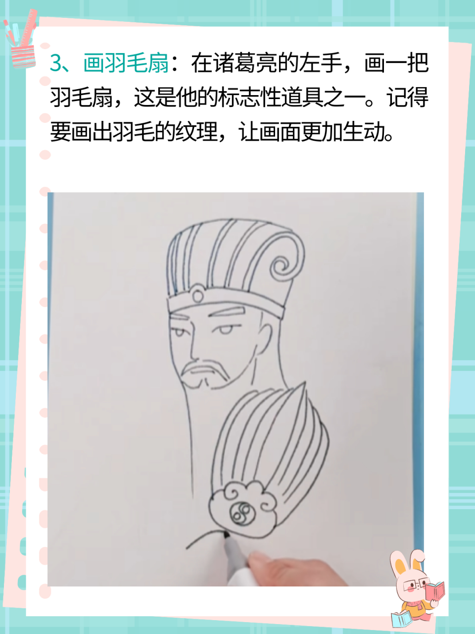 2,在帽子的下方,画出诸葛亮的头,包