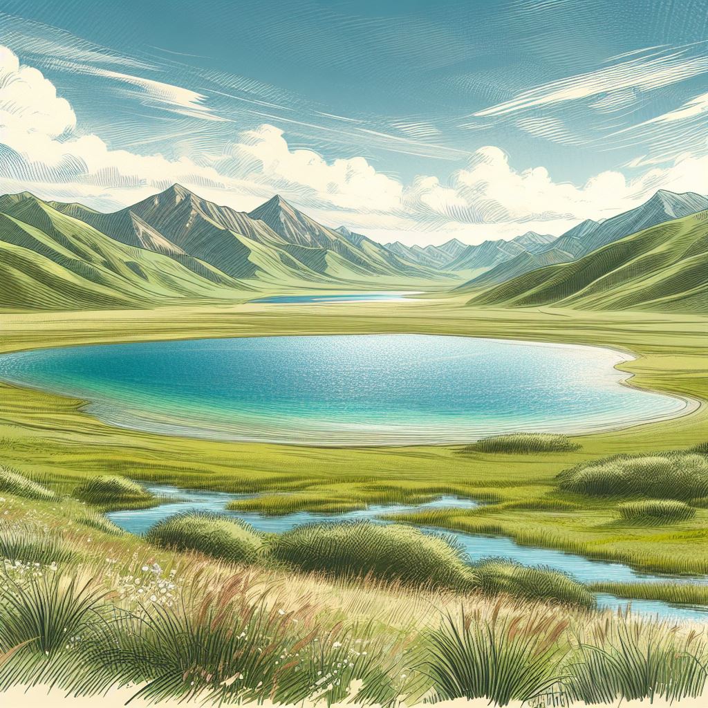 大自然的倒影:写意山水画中的草原湖泊