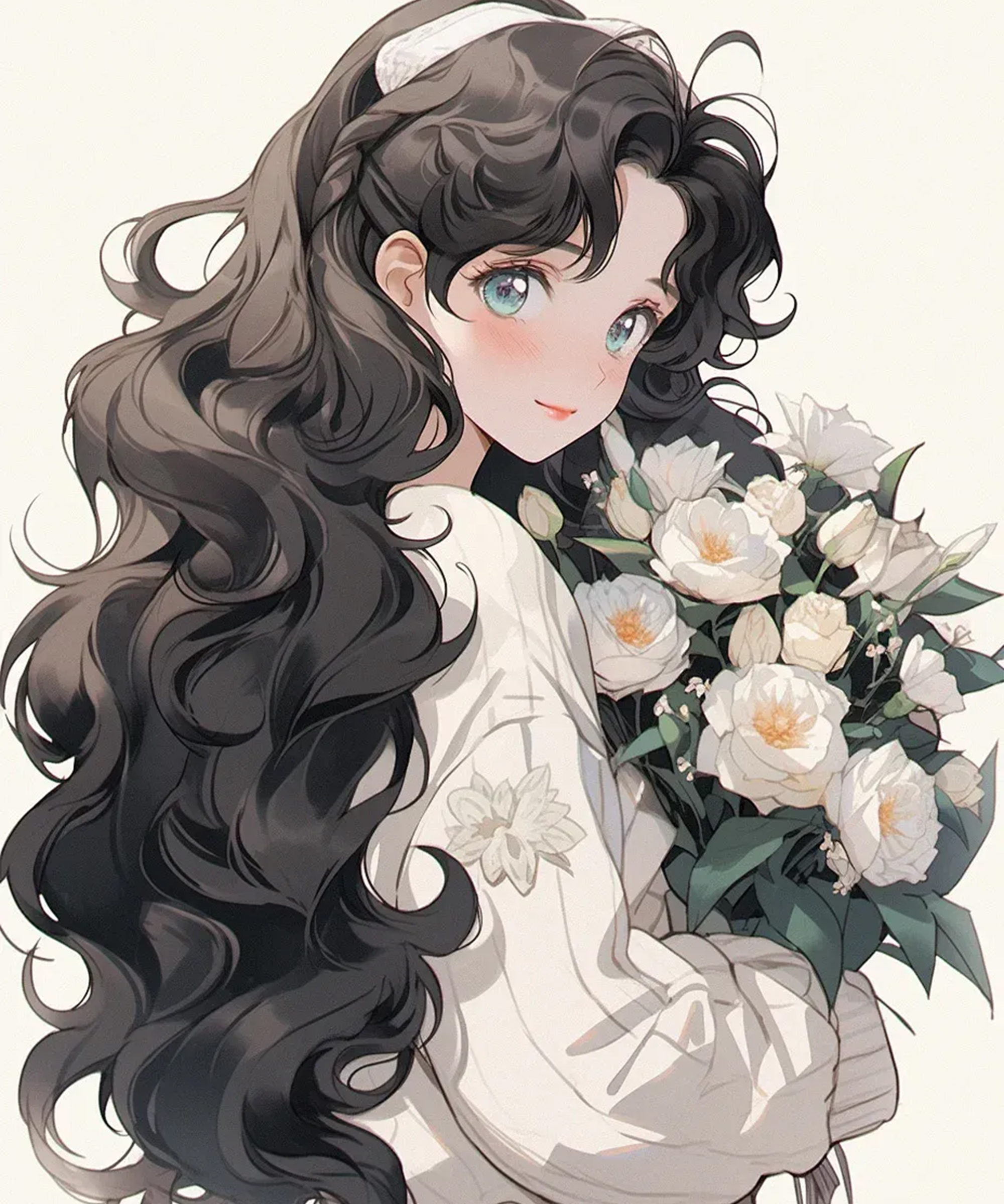 捧花女生头像 | 山茶花女孩 | 治愈系动漫女生头像  () 白色山茶花