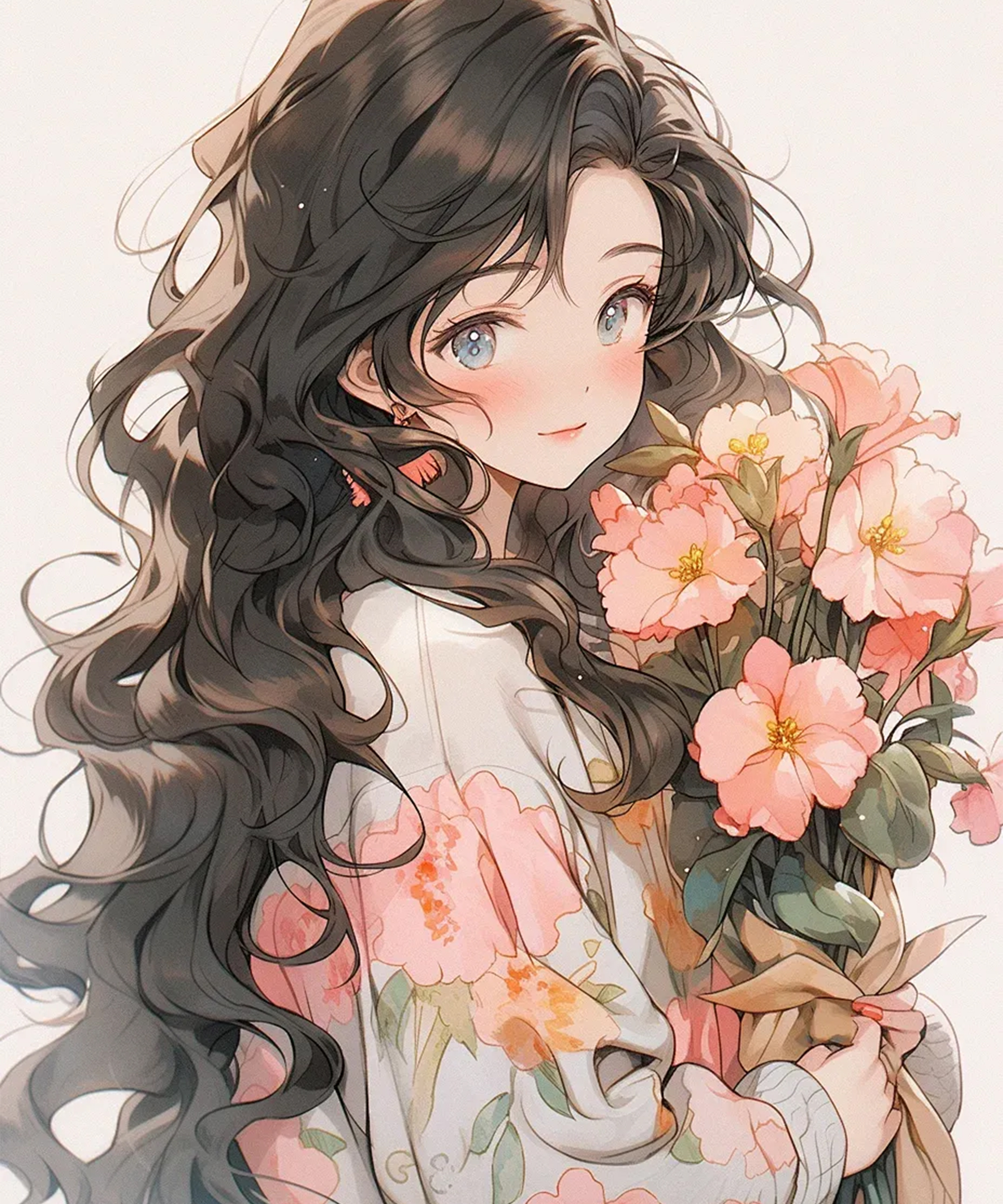 花女孩漫画女孩 花女孩抱花的动漫女生在花丛中漫画卡通女孩闻花朵的
