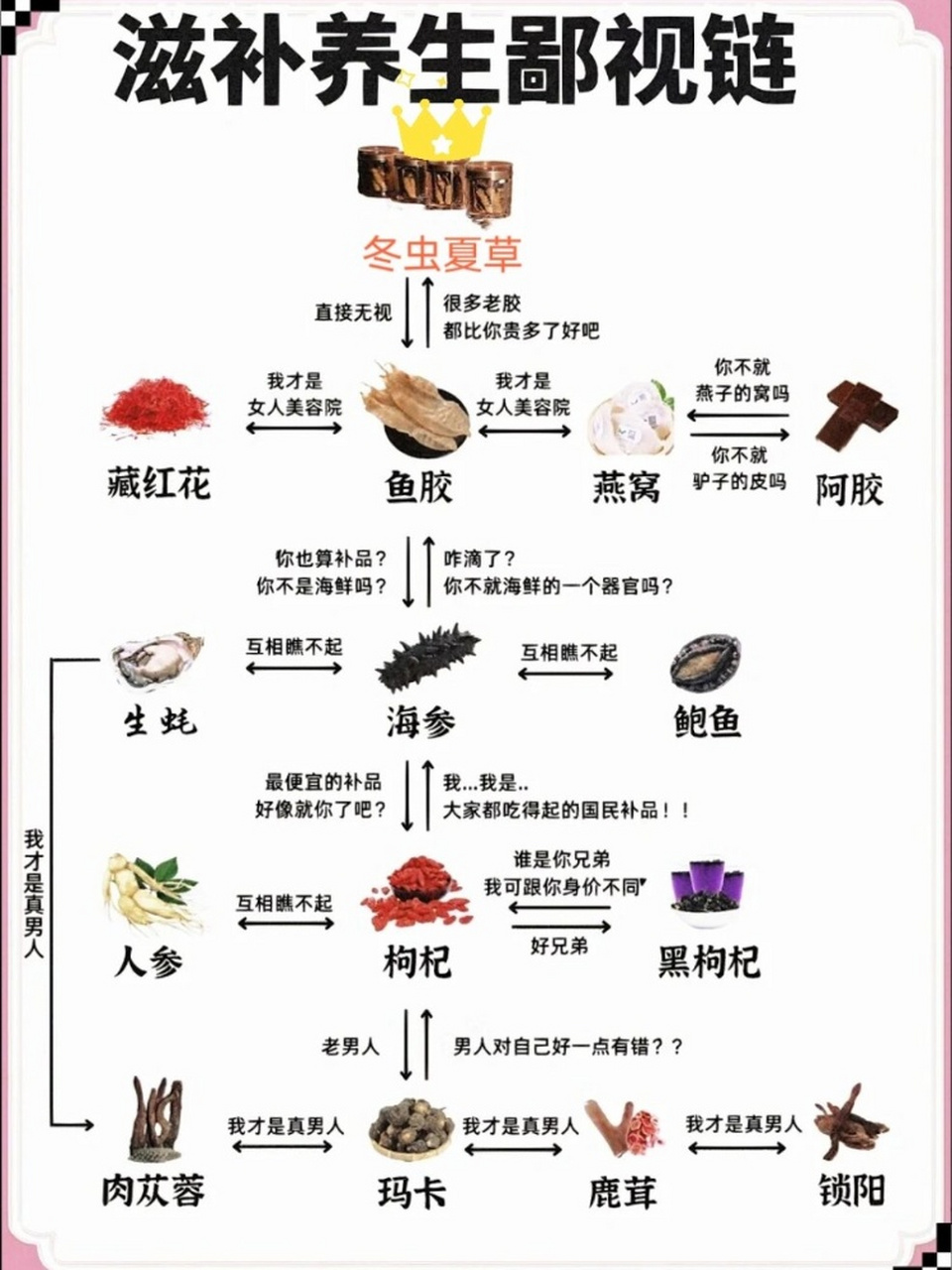 滋补养生鄙视链  在养生圈中,各种食材和补品因其独特的功效和珍稀