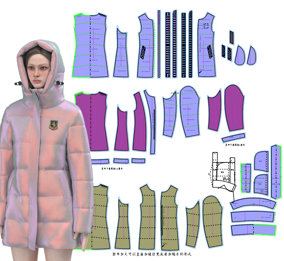 三开身羽绒服制版裁剪设计打版笔记图