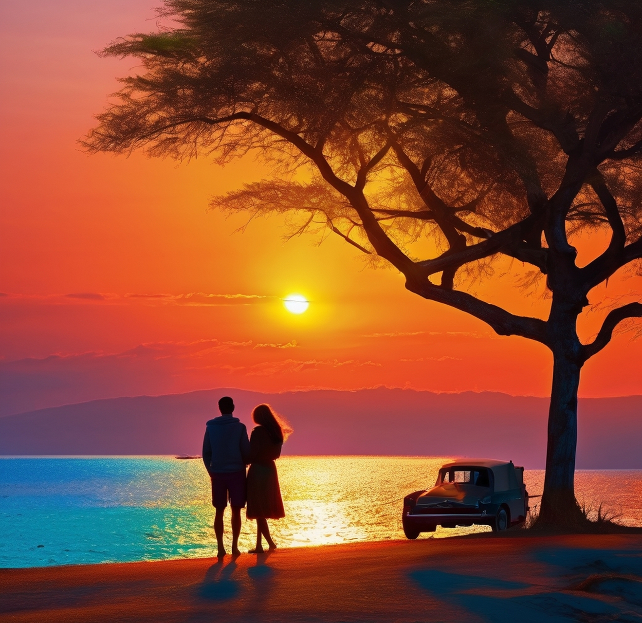 夕阳下的恋人,他们相依相偎,仿佛时间在这一刻静止.