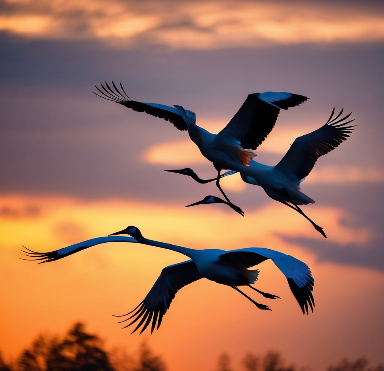 黄昏中,仙鹤展翅高飞,羽翼轻盈飘逸,宛若一幅梦幻般的画卷.