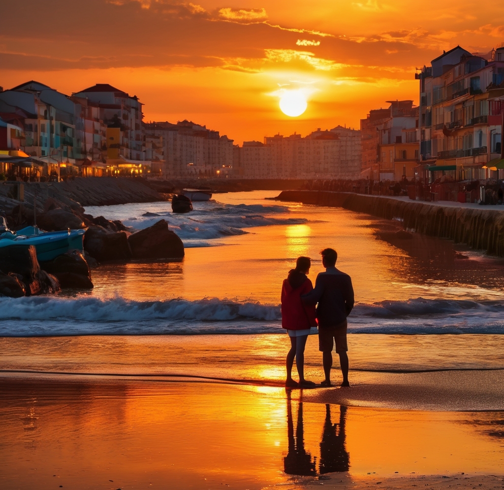 夕阳下的恋人,在柔软的沙滩上