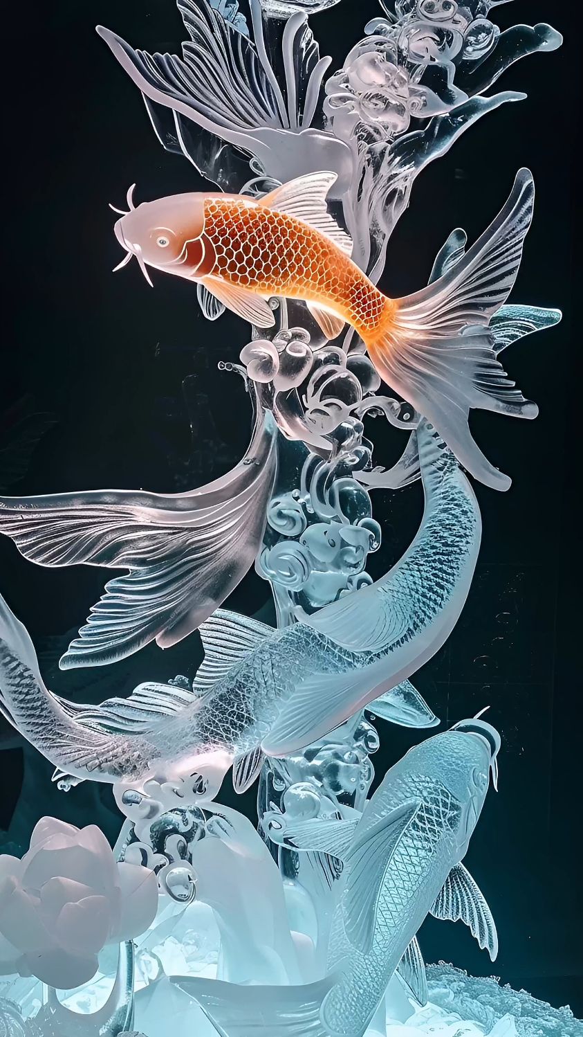 冰雕"锦鲤附体"寓意:如鱼得水顺风顺水,锦鲤附体,飞黄腾达.