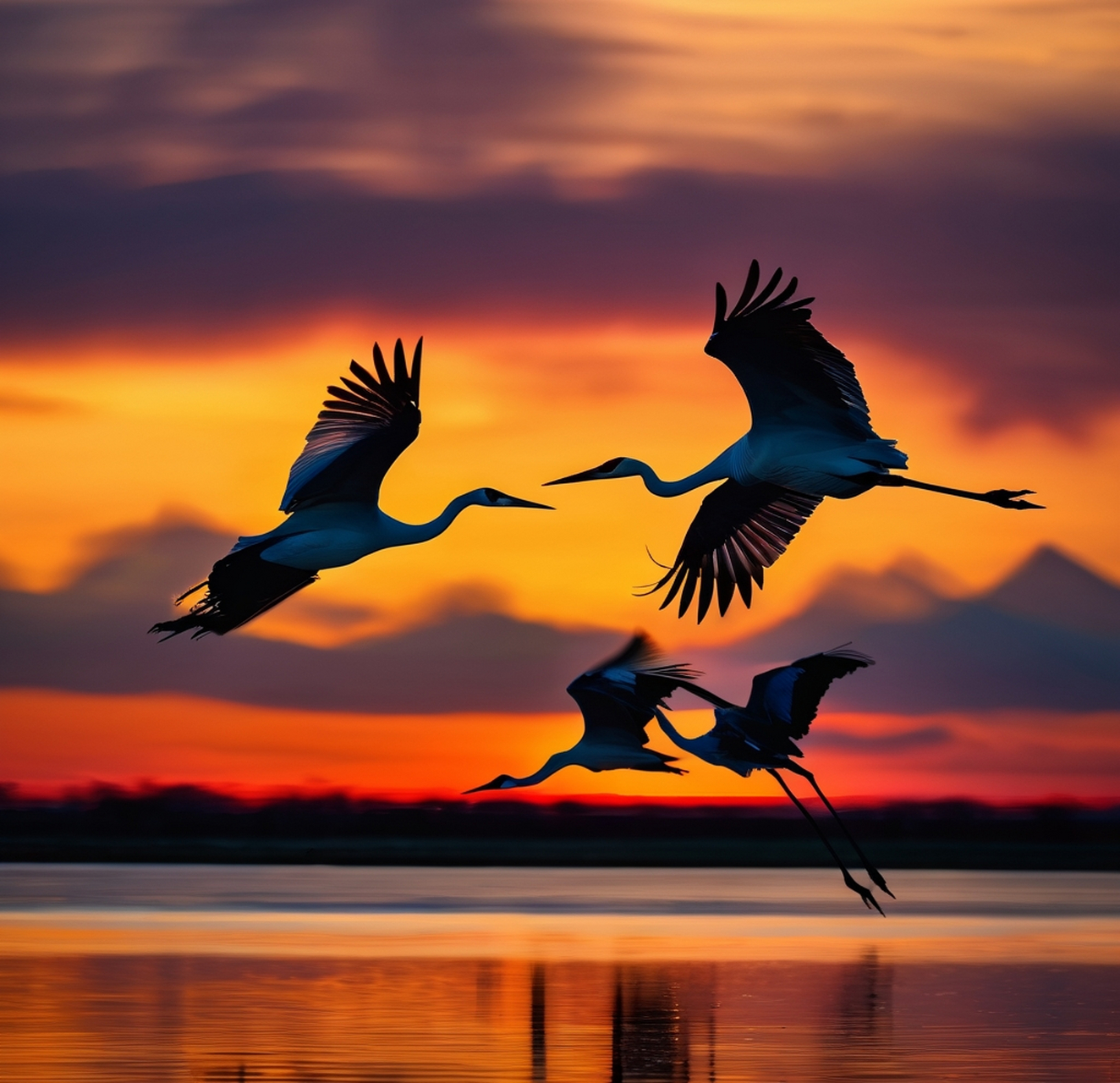 黄昏中,仙鹤展翅高飞,羽翼轻盈飘逸,宛若一幅梦幻般的画卷.