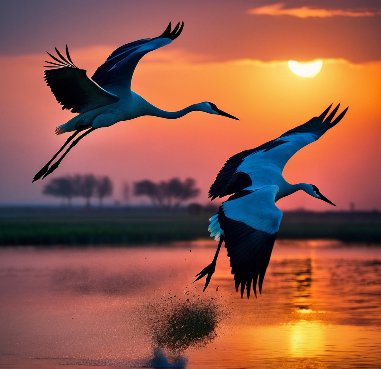 黄昏中,仙鹤展翅高飞,羽翼轻盈飘逸,宛若一幅梦幻般的画卷.