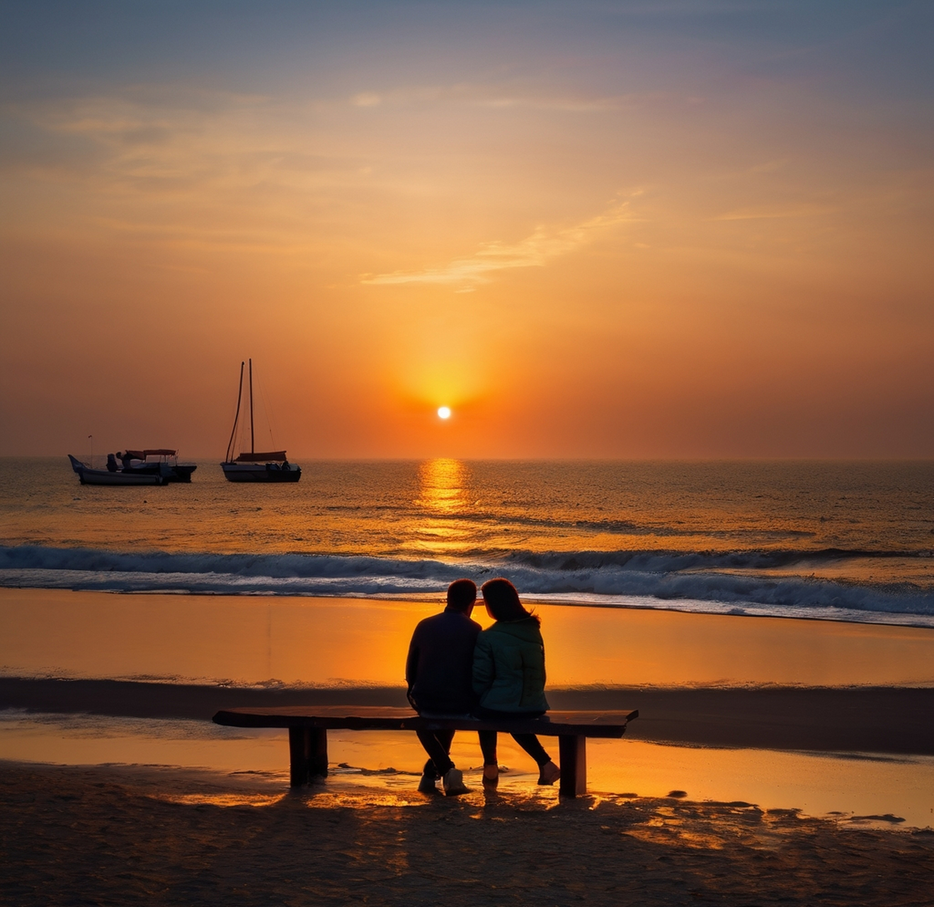 夕阳下的恋人,他们相依相偎,仿佛时间在这一刻静止.