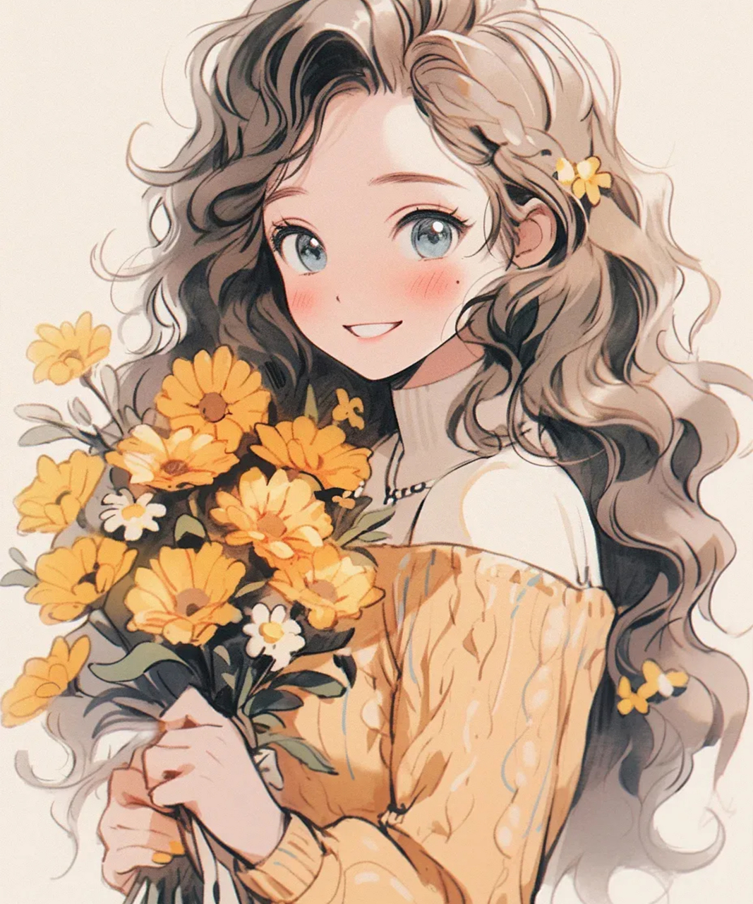 捧花少女头像 | 小雏菊女孩 | 治愈系超甜可爱动漫女生头像 [小红花]