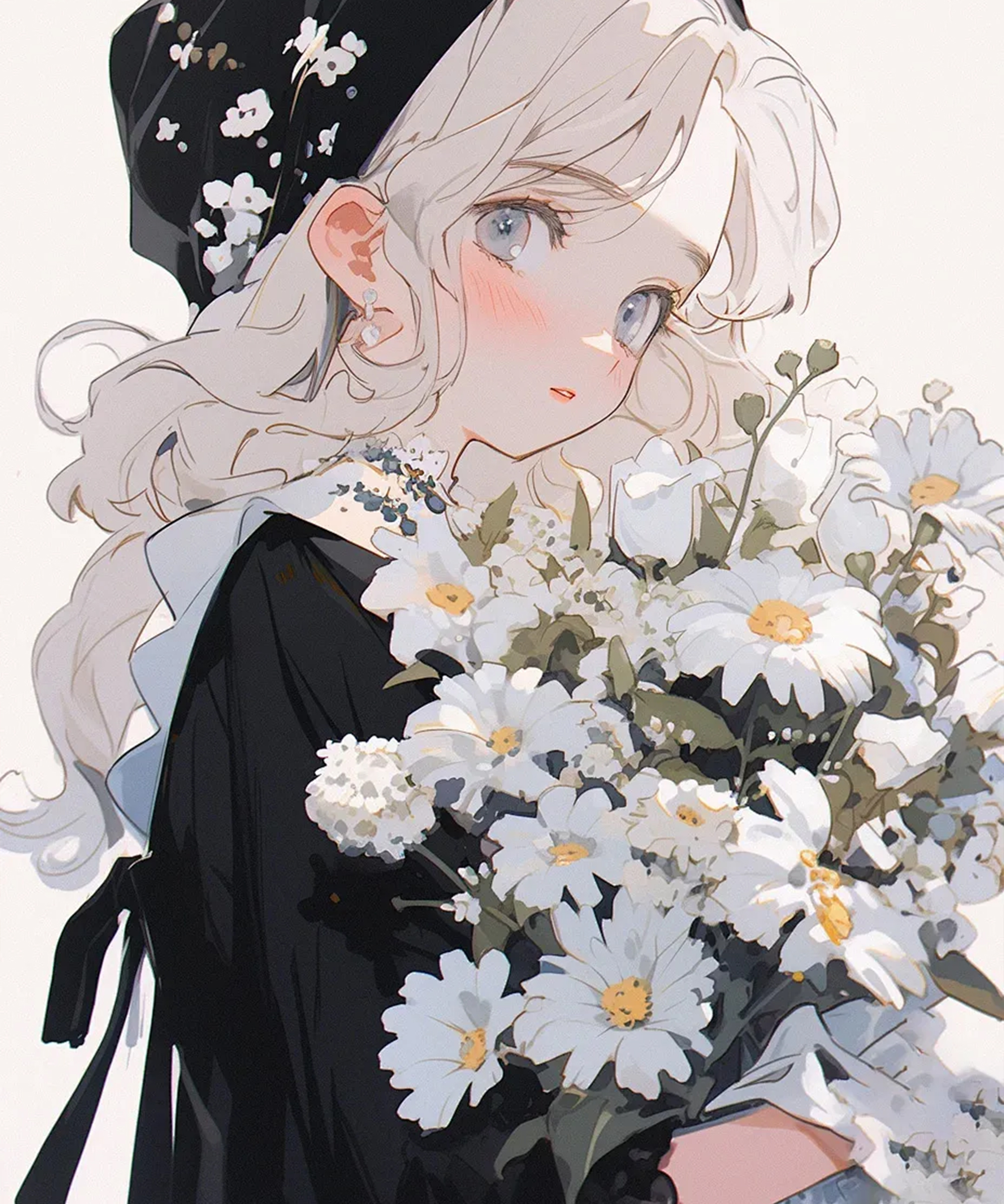 幸福与纯洁 黄色小漫画女孩儿背后捧花白色雏菊手捧花拿花的动漫头像