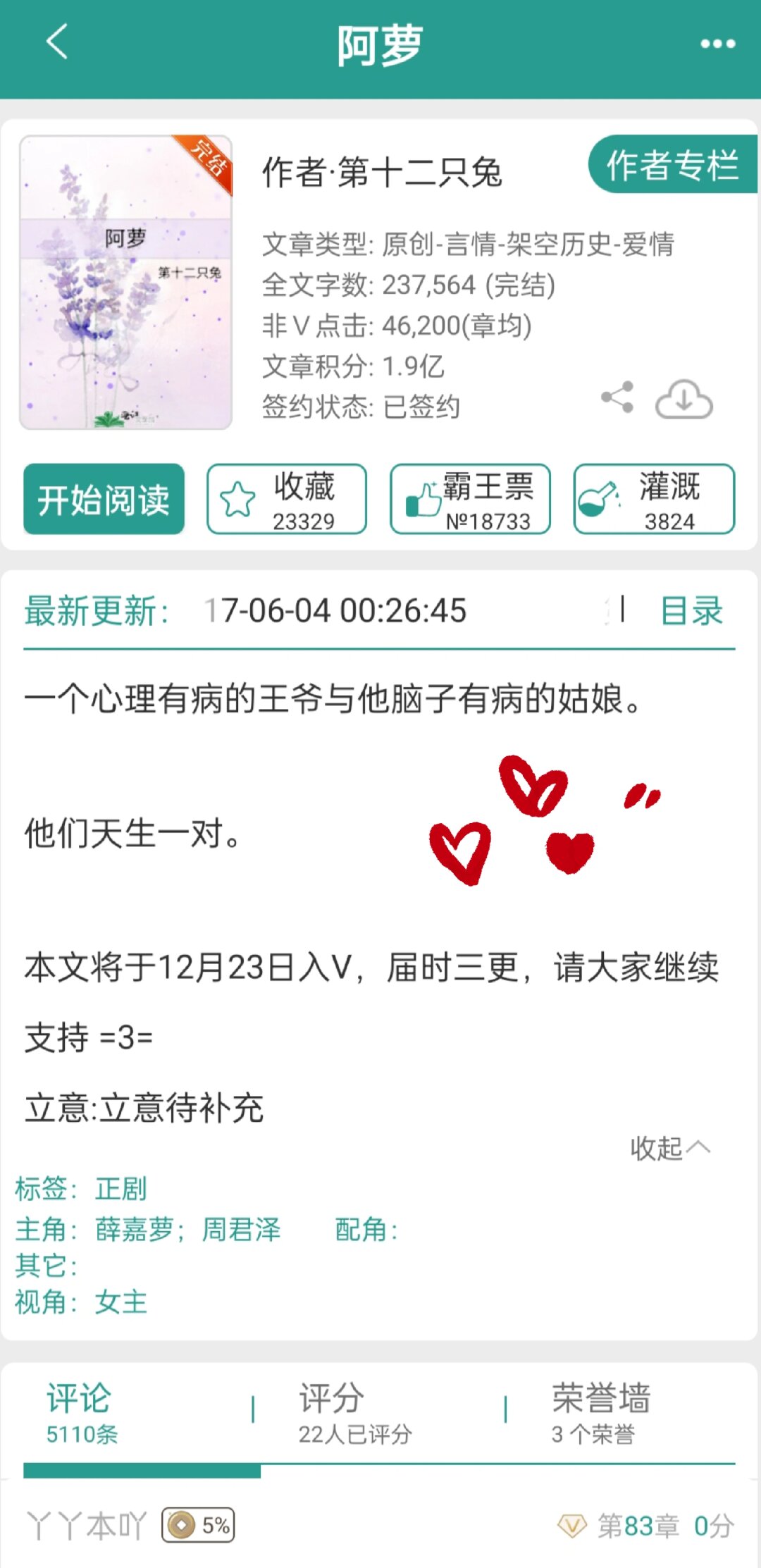 《阿萝》是一部由第十二只兔所著的小说,已完结
