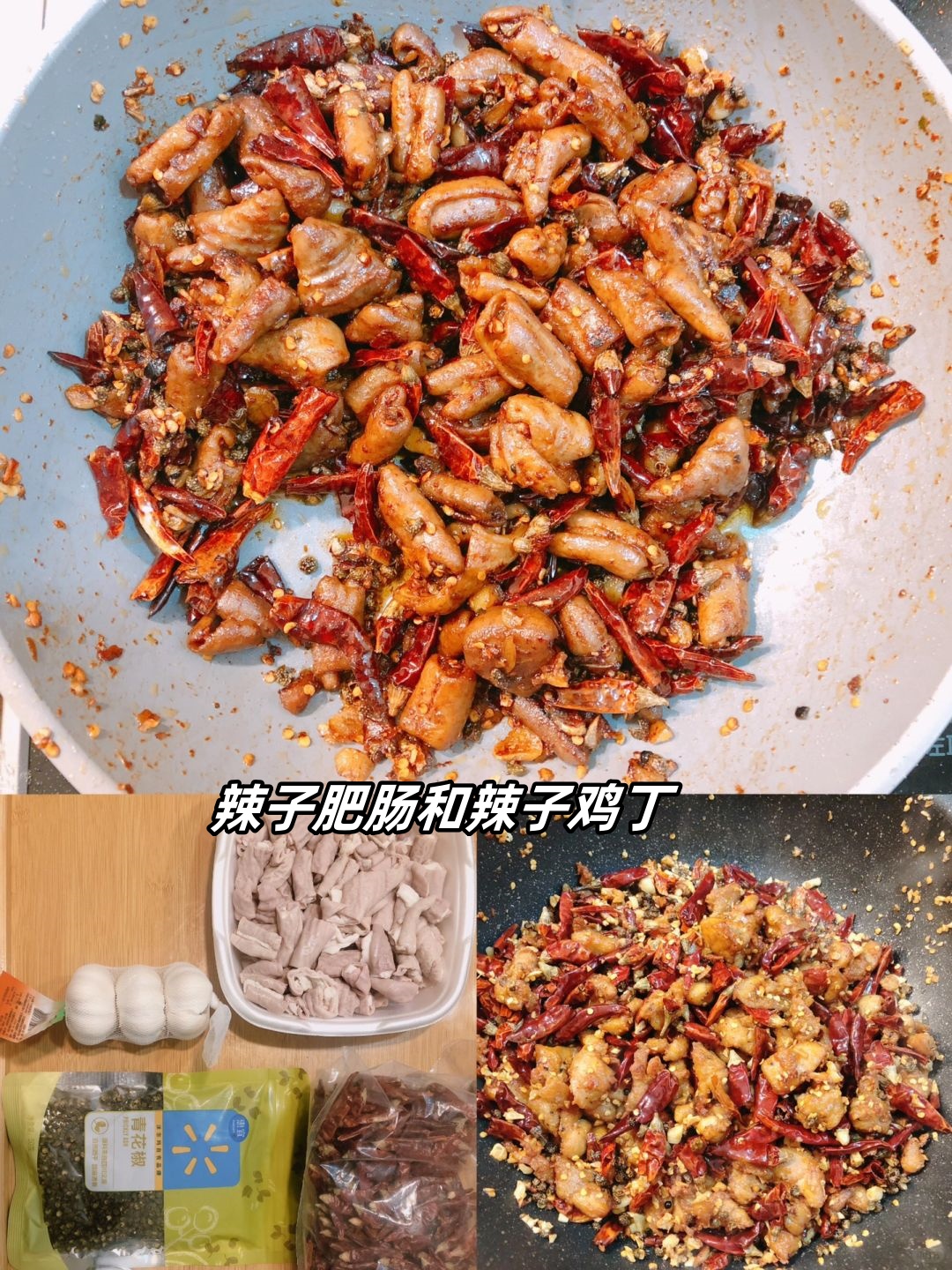 辣子肥肠和辣子鸡丁  简介: 辣子肥肠和辣子鸡丁是两道经典的川菜,以