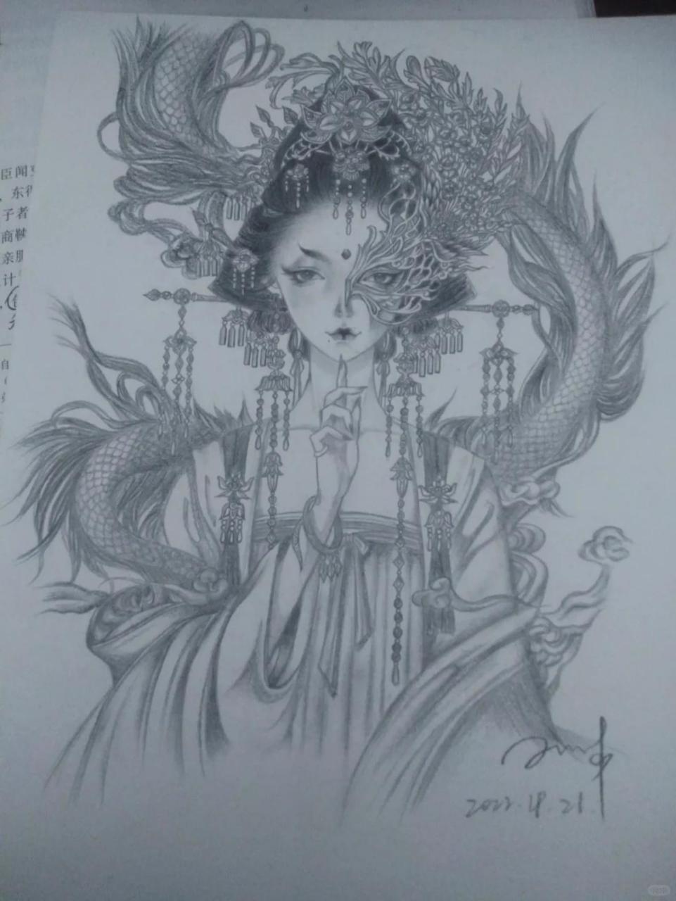 半面妆素描高清图片