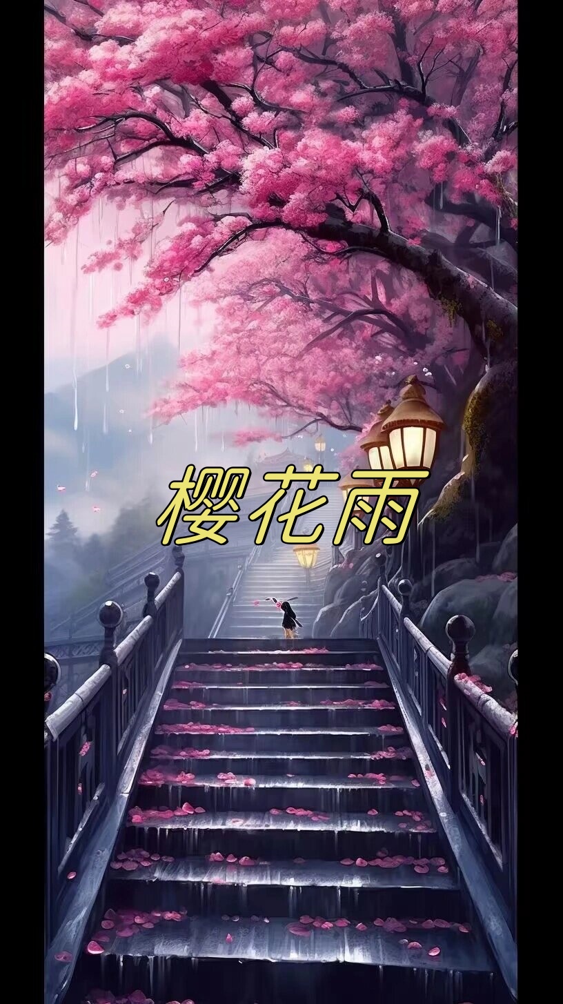 雨中樱花落满地图片图片