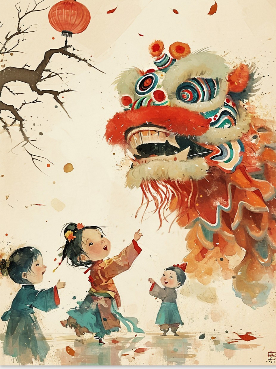 春节舞狮中国风插画  🎉 春节到啦,舞狮闹新春!