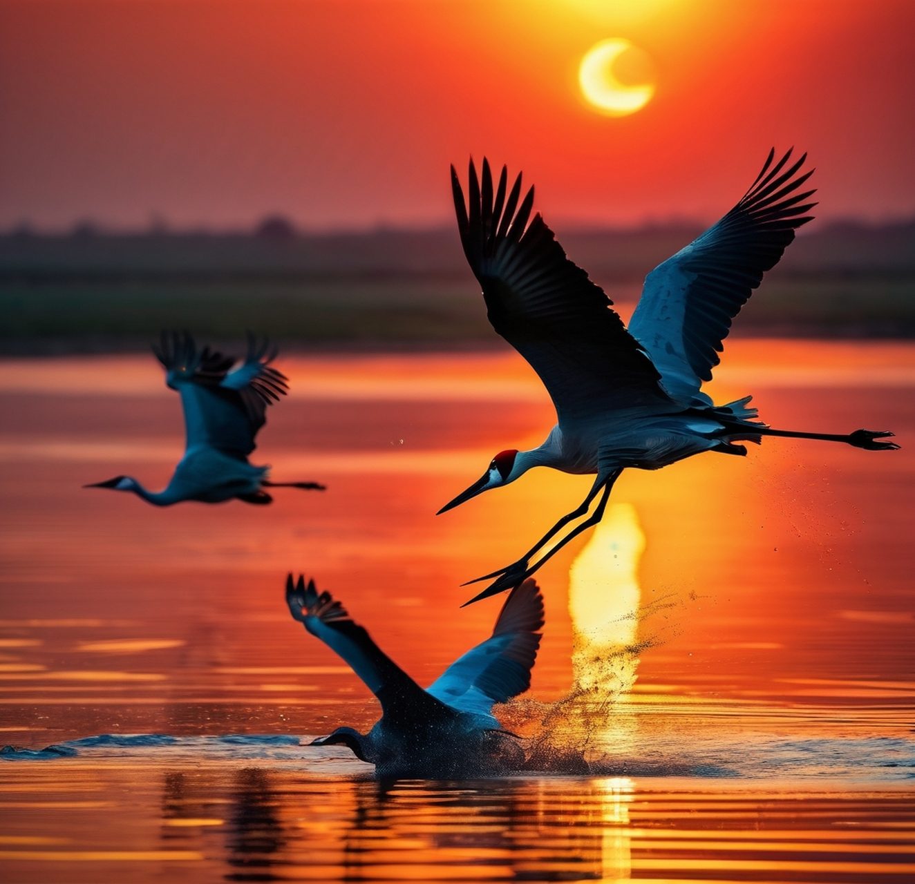 黄昏中,仙鹤展翅高飞,羽翼轻盈飘逸,宛若一幅梦幻般的画卷.