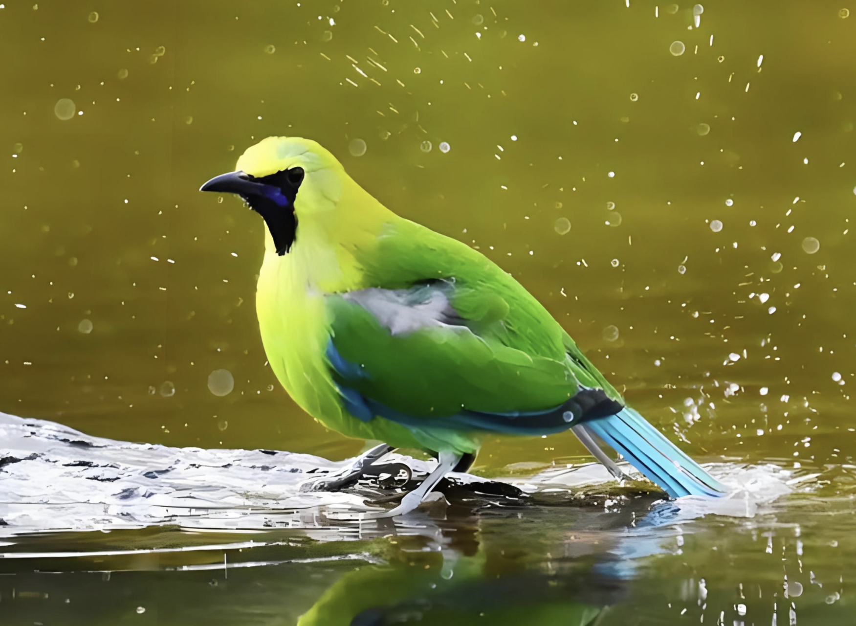 跨年创作挑战赛# 蓝翅叶鹎雄鸟外观呈现典型的草绿色,其尾巴呈蓝绿色