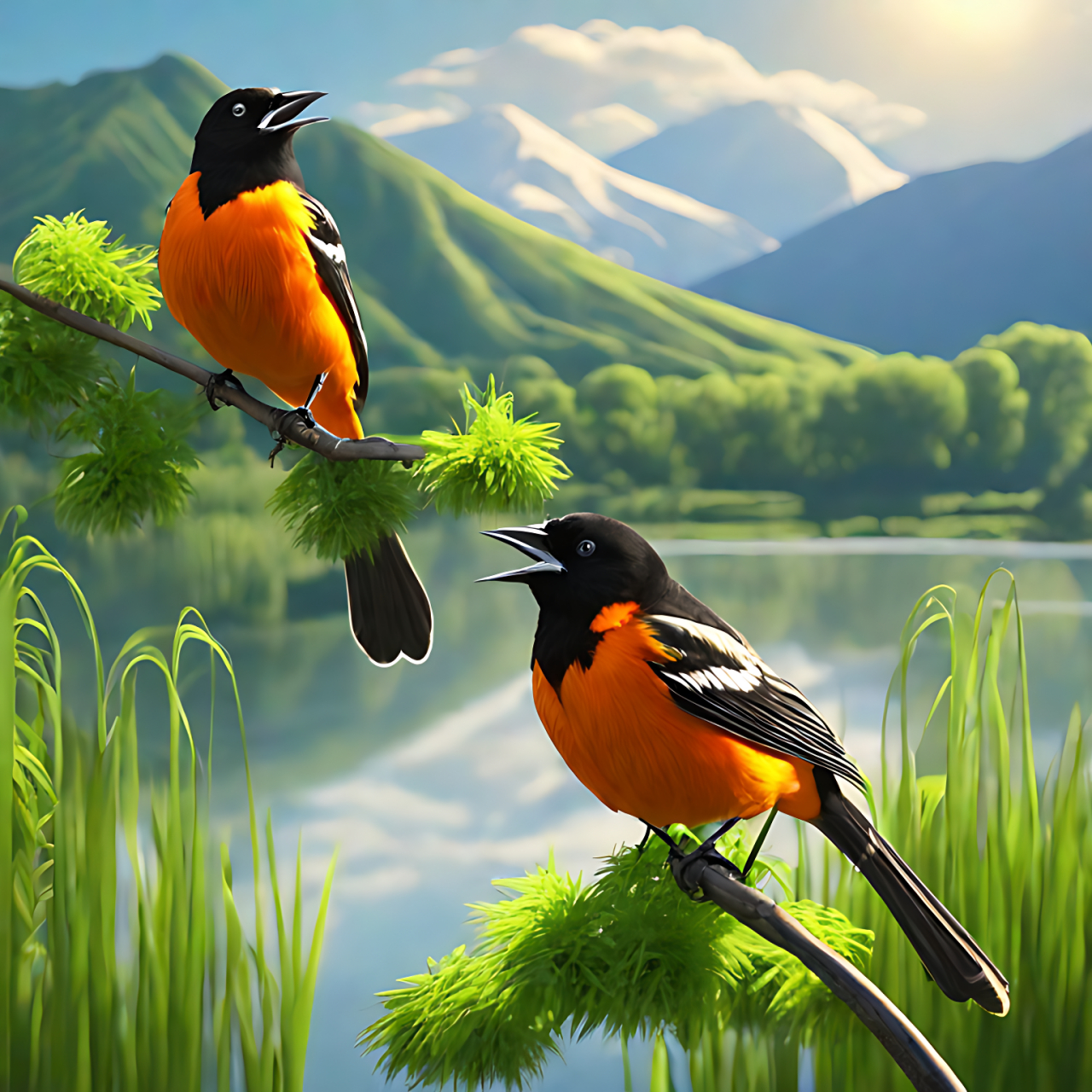 此时,两只黄鹂鸟在翠绿的柳树枝头欢快地歌唱,歌声清脆悦耳,犹如在