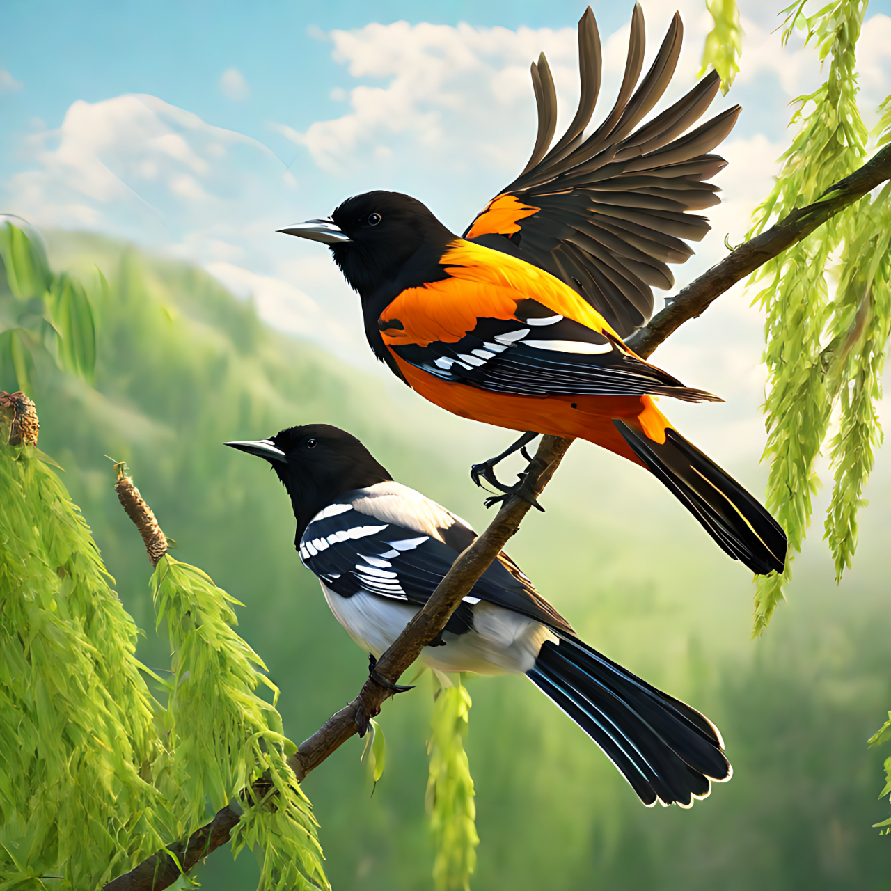 此时,两只黄鹂鸟在翠绿的柳树枝头欢快地歌唱,歌声清脆悦耳,犹如在