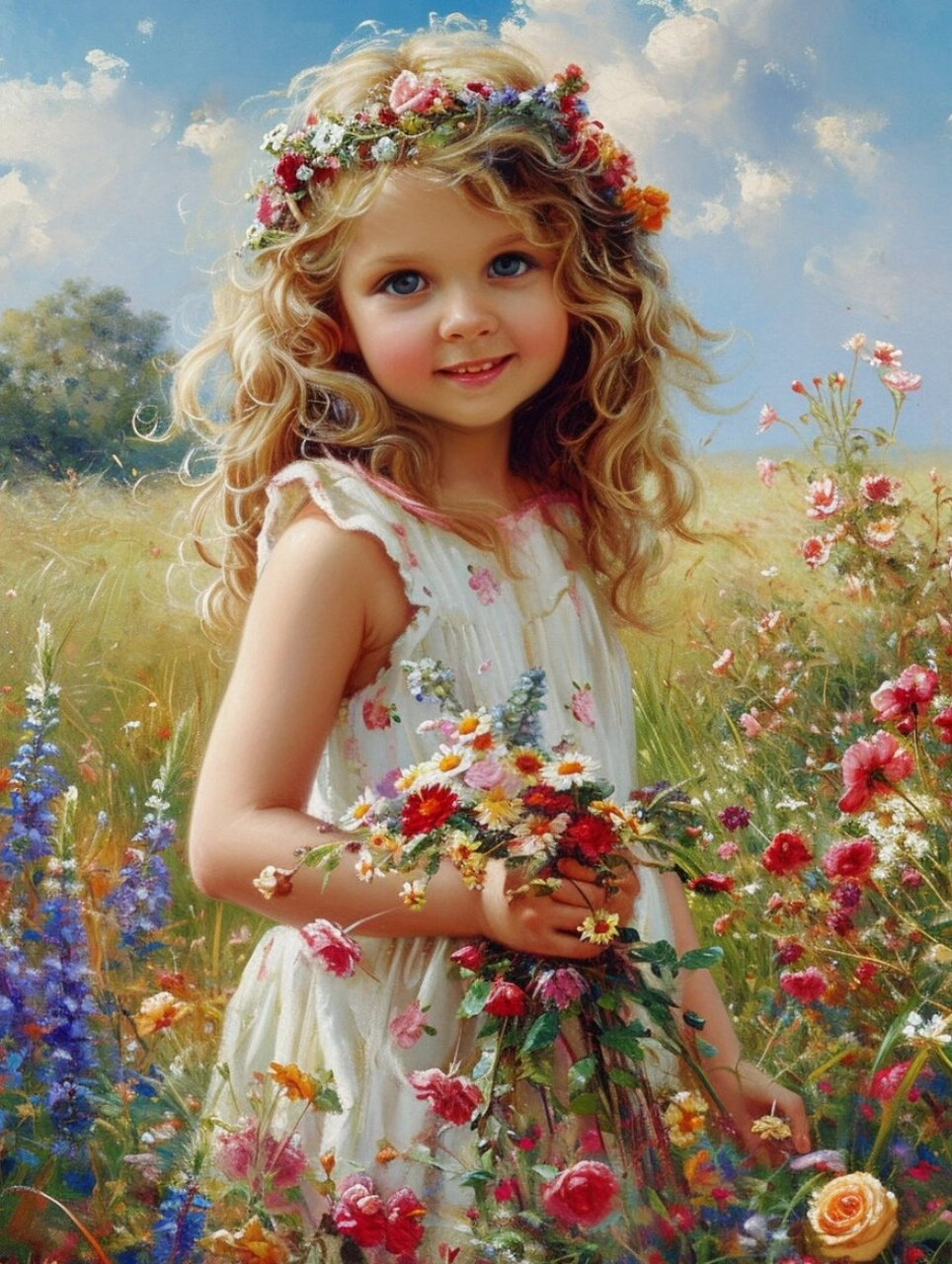 油画:站在田野中的小女孩  在这幅深邃的油画中,一个小女孩站在广袤的